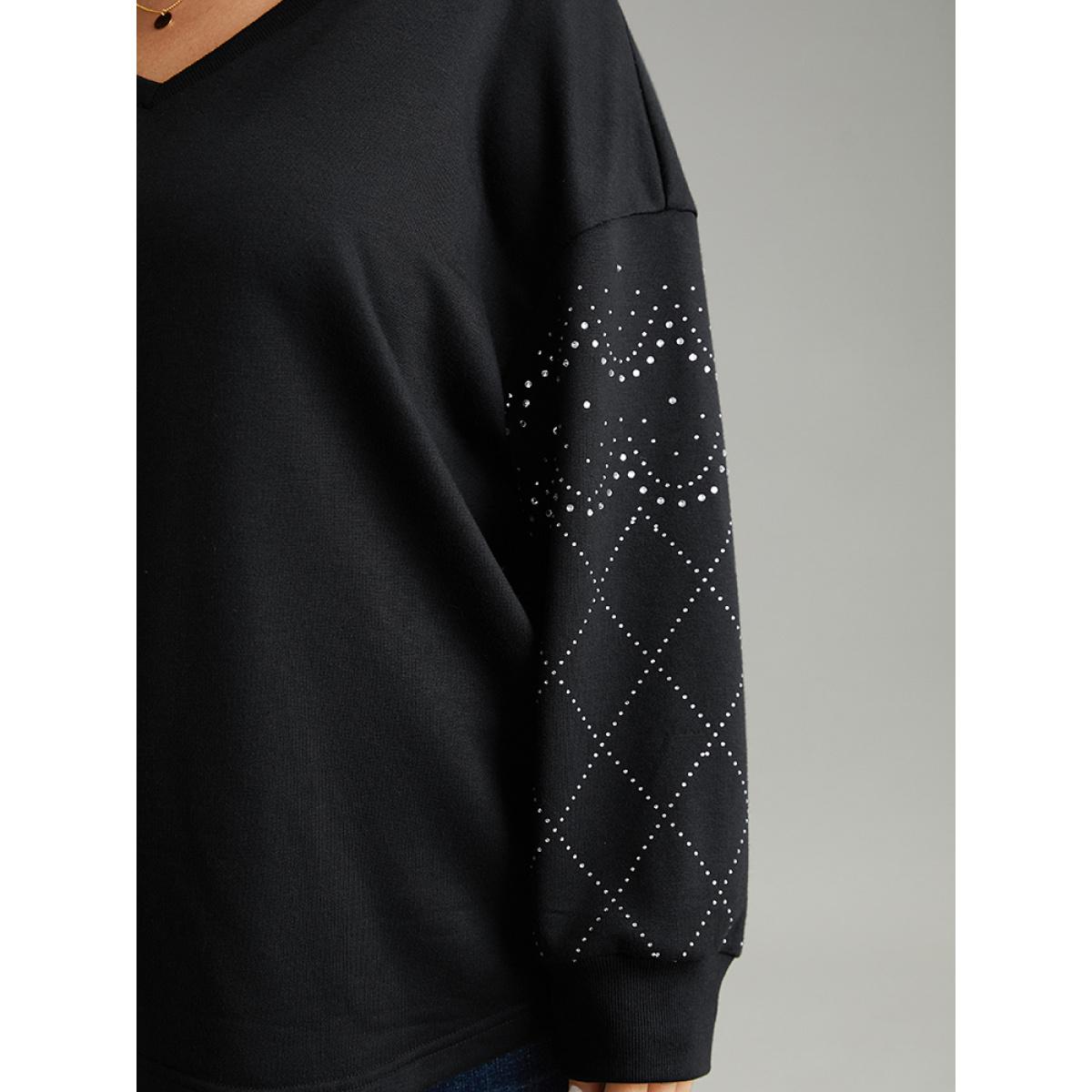 Plus Size Rhinestone Plain Drop Shoulder Sweatshirt Women Black Elegant Rib Knit V-neck Dailywear Sweatshirts BloomChic 18-20/2X Product Image