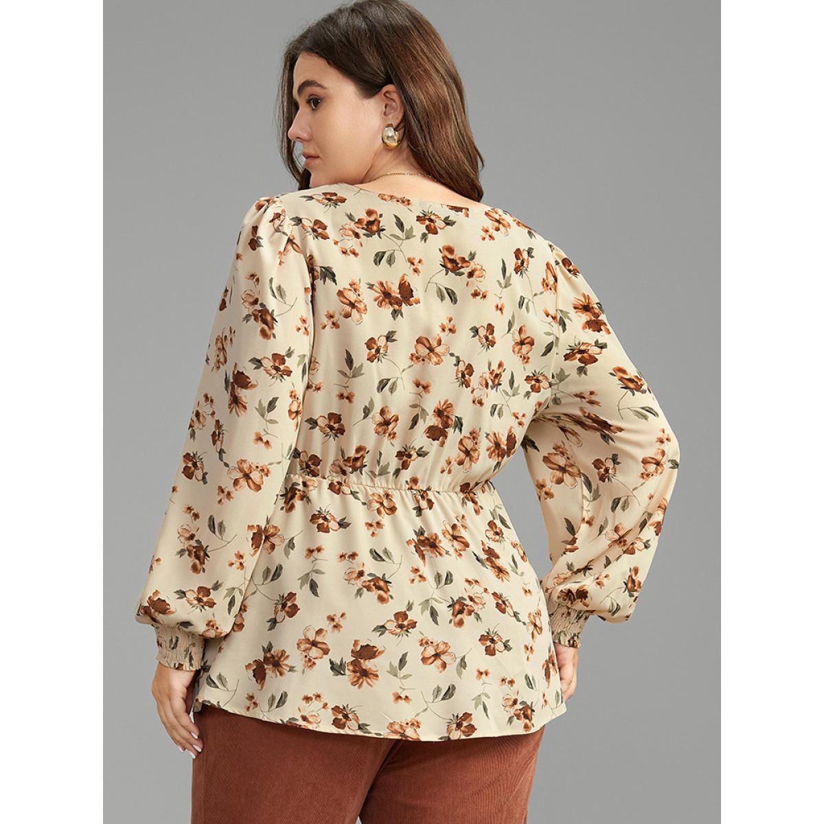 Plus Size Tan Ditsy Floral Shirred Ties Square Neck Blouse Women Elegant Long Sleeve Square Neck Dailywear Blouses BloomChic 18-20/2X Product Image