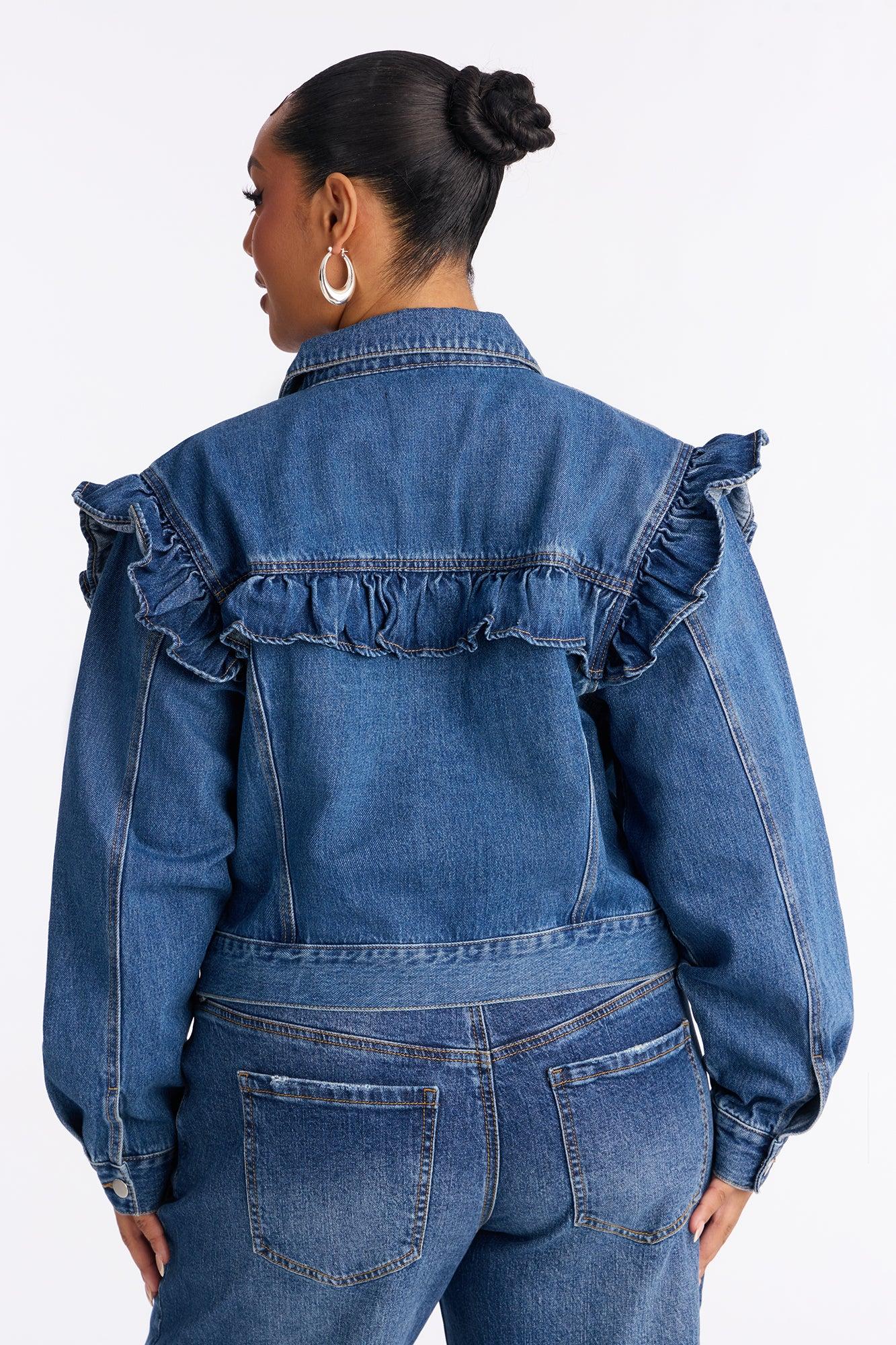 Scandi Ruffled Denim Jacket - Dark Wash Female Product Image