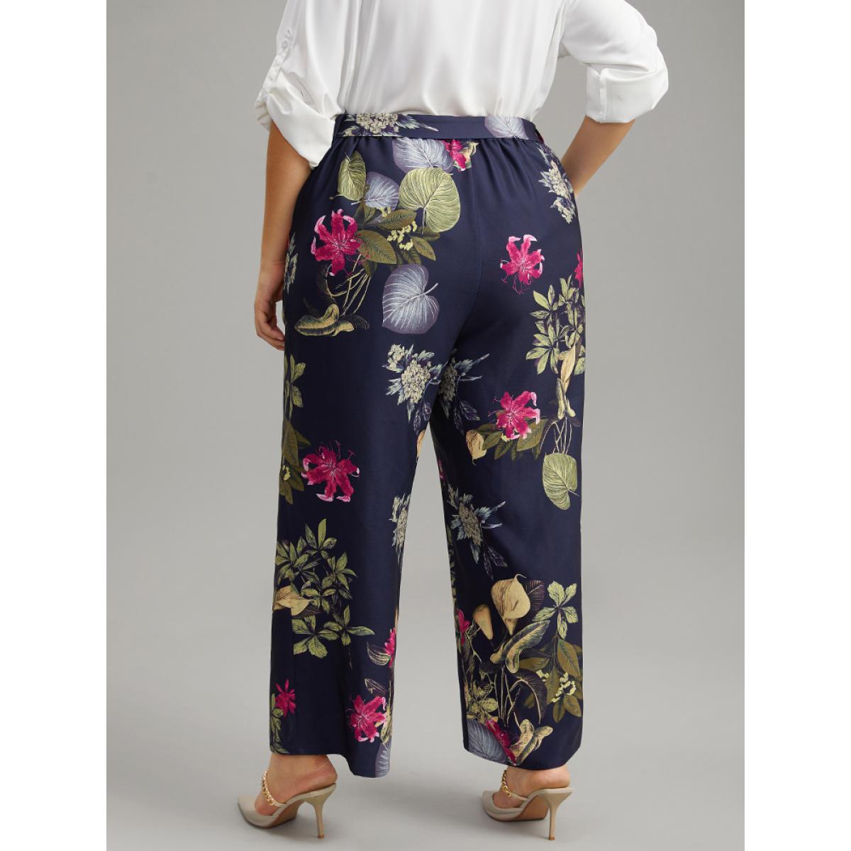 Plus Size Floral Print Belted Straight Leg Pants Women Indigo Elegant Wide Leg High Rise Dailywear Pants BloomChic 12/L Product Image