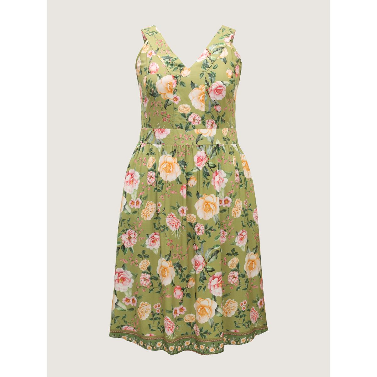 Plus Size Rayon Floral Shirred Pockets Midi Dress Moss Women V-neck Sleeveless Curvy BloomChic 14-16/1X Product Image