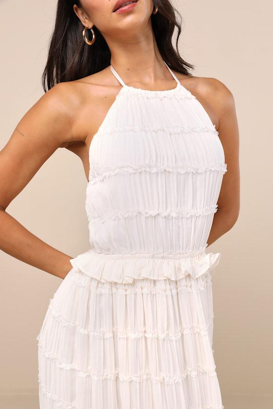 Madriana Ivory Halter Neck Ruffed Midi Dress Product Image