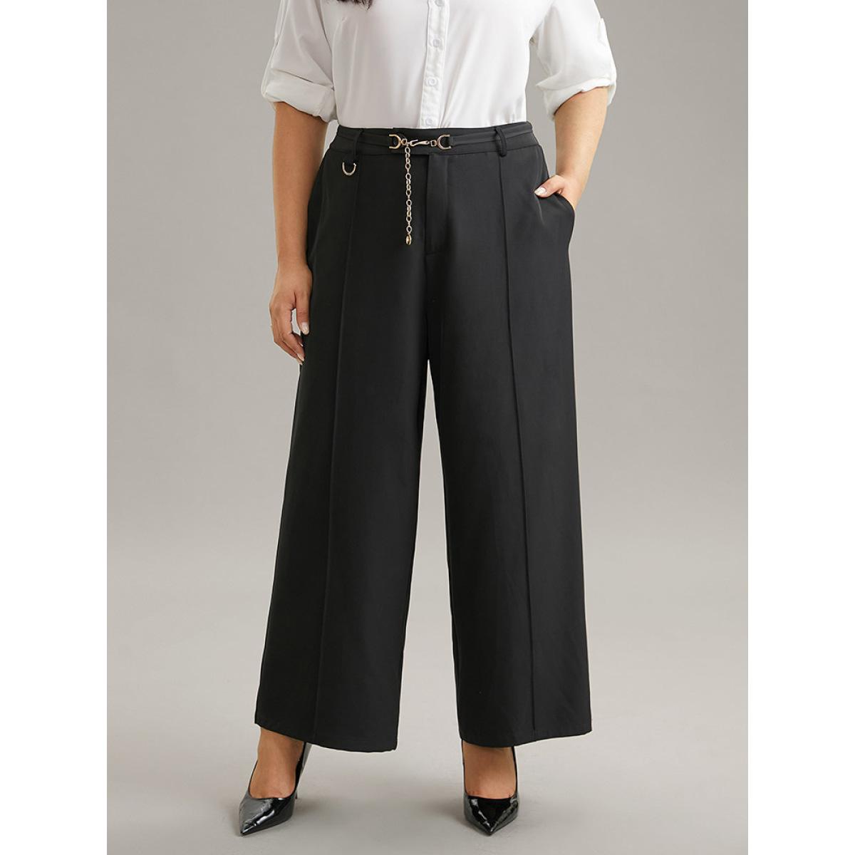Plus Size Static-Free Elastic Waist Chain Belted Pleated Pants Women Black Office Straight Leg High Rise Office Pants BloomChic 22-24/3X Product Image
