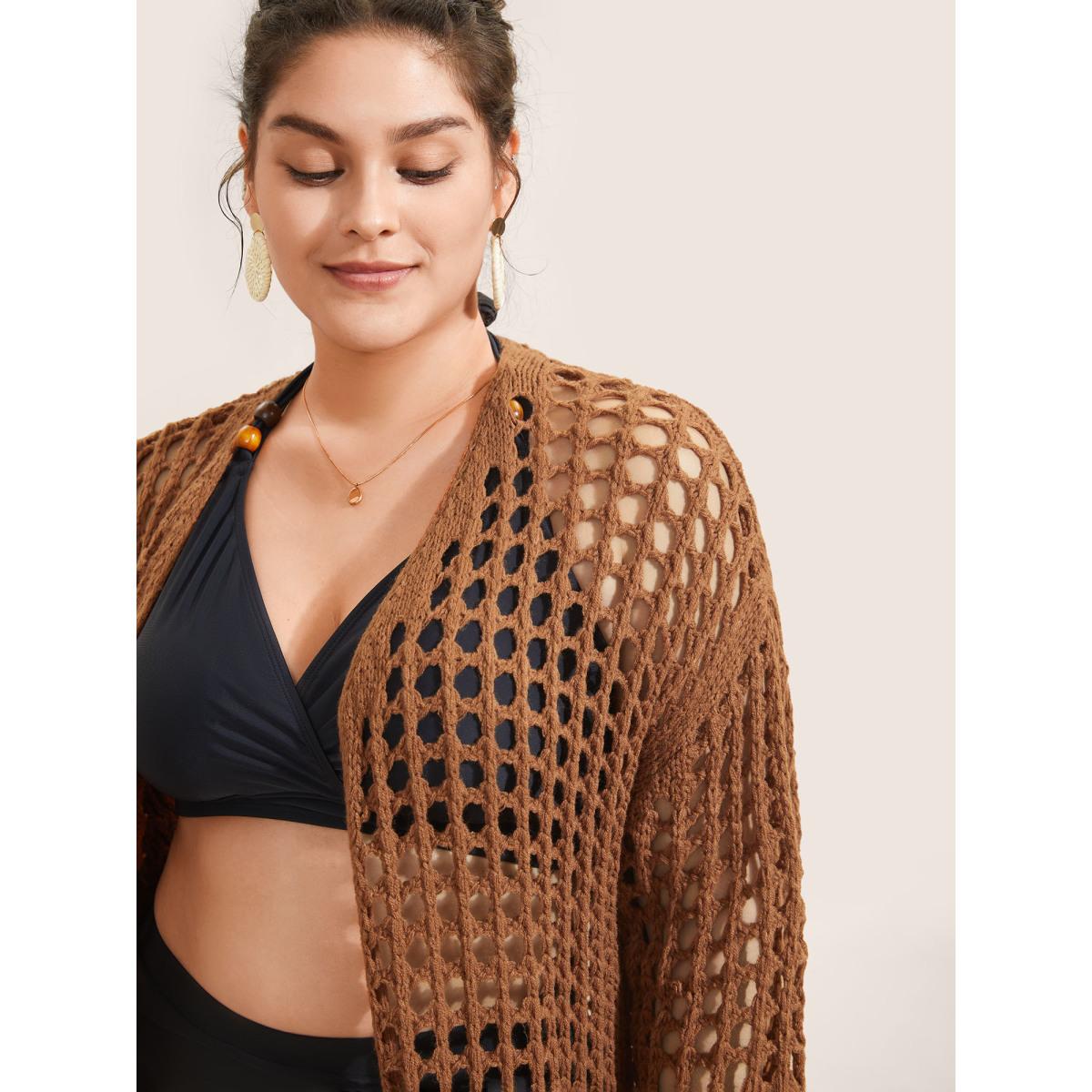 Plus Size Solid Cut Out Fringe Hem Swim Cover Up Women's Swimwear Chocolate Beach Tassels Curve Swim Cover Ups BloomChic 18-20/2X Product Image