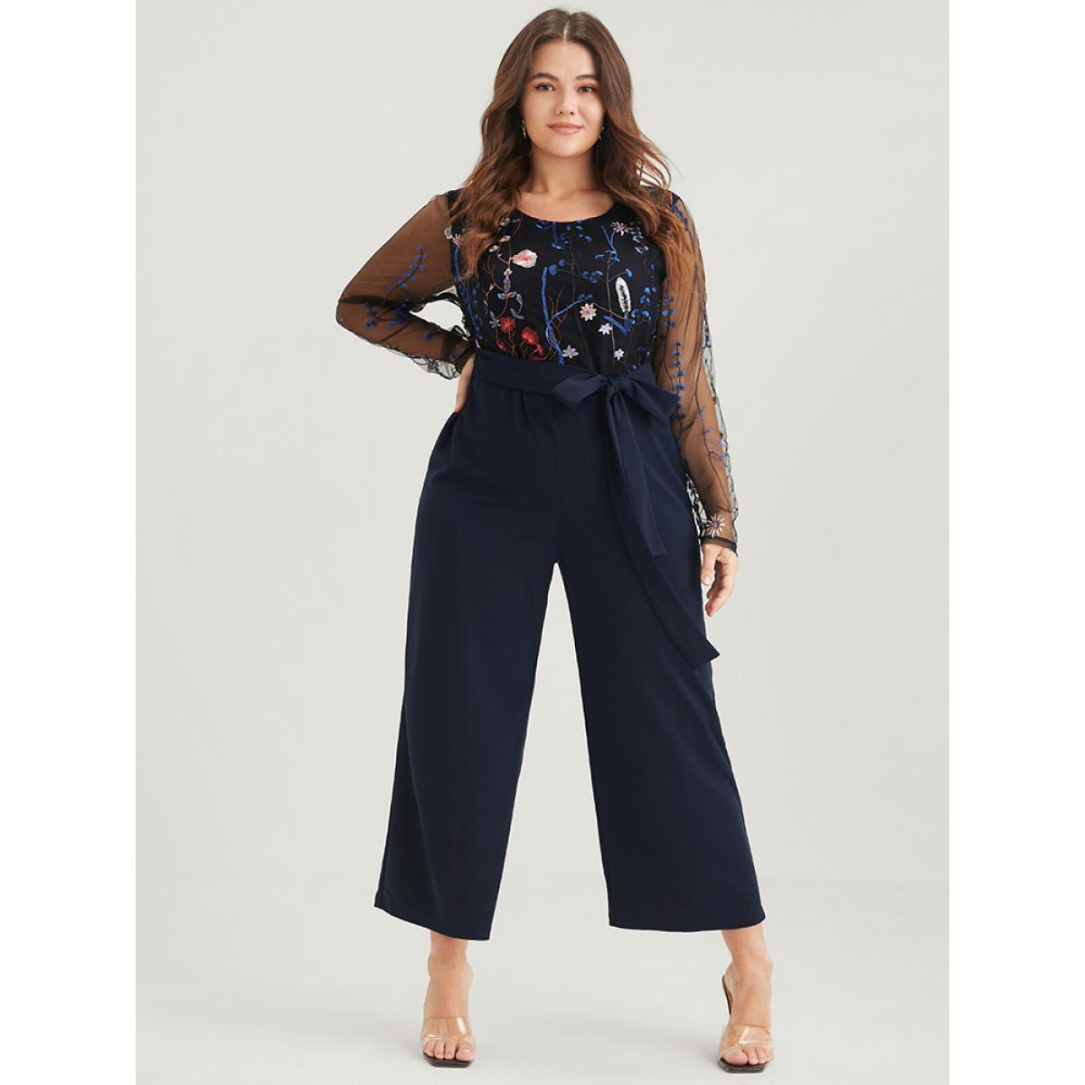 Plus Size DarkBlue Solid Pocket Embroidered Mesh Sleeve Knotted Jumpsuit Women Glamour Long Sleeve Round Neck Going out Loose Jumpsuits BloomChic 14-16/1X Product Image