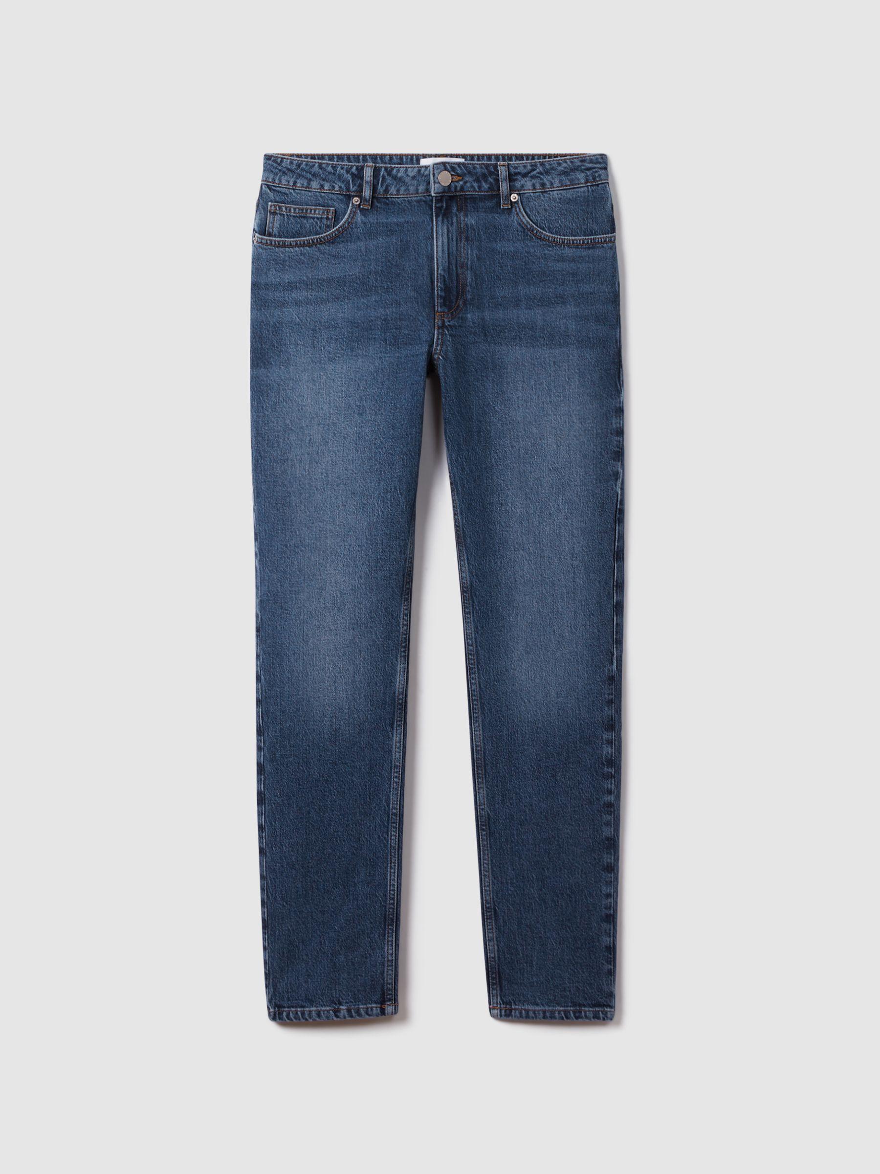 Tapered Slim Fit Washed Jeans in Mid Blue Wash Product Image