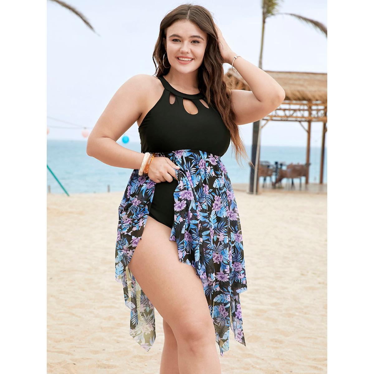 Plus Size Floral Cut Out Halter Neck Hanky Hem Swim Dress Women's Swimwear BlackFlower Vacation Bodycon Halter neck High stretch Curve Swim Dresses BloomChic 26/4X Product Image