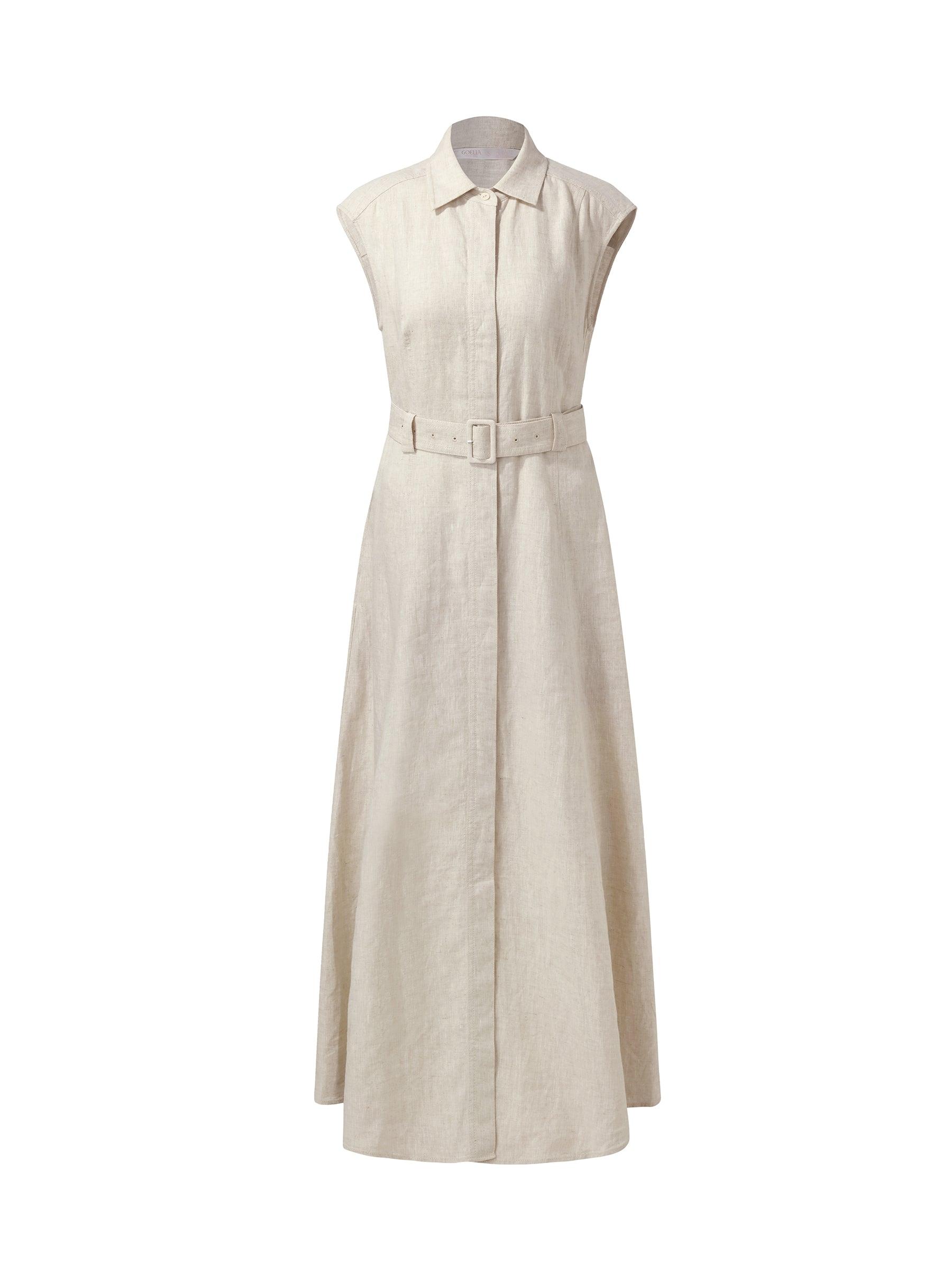 100% Linen Women Vest Maxi Shirt Dress With Belt Product Image