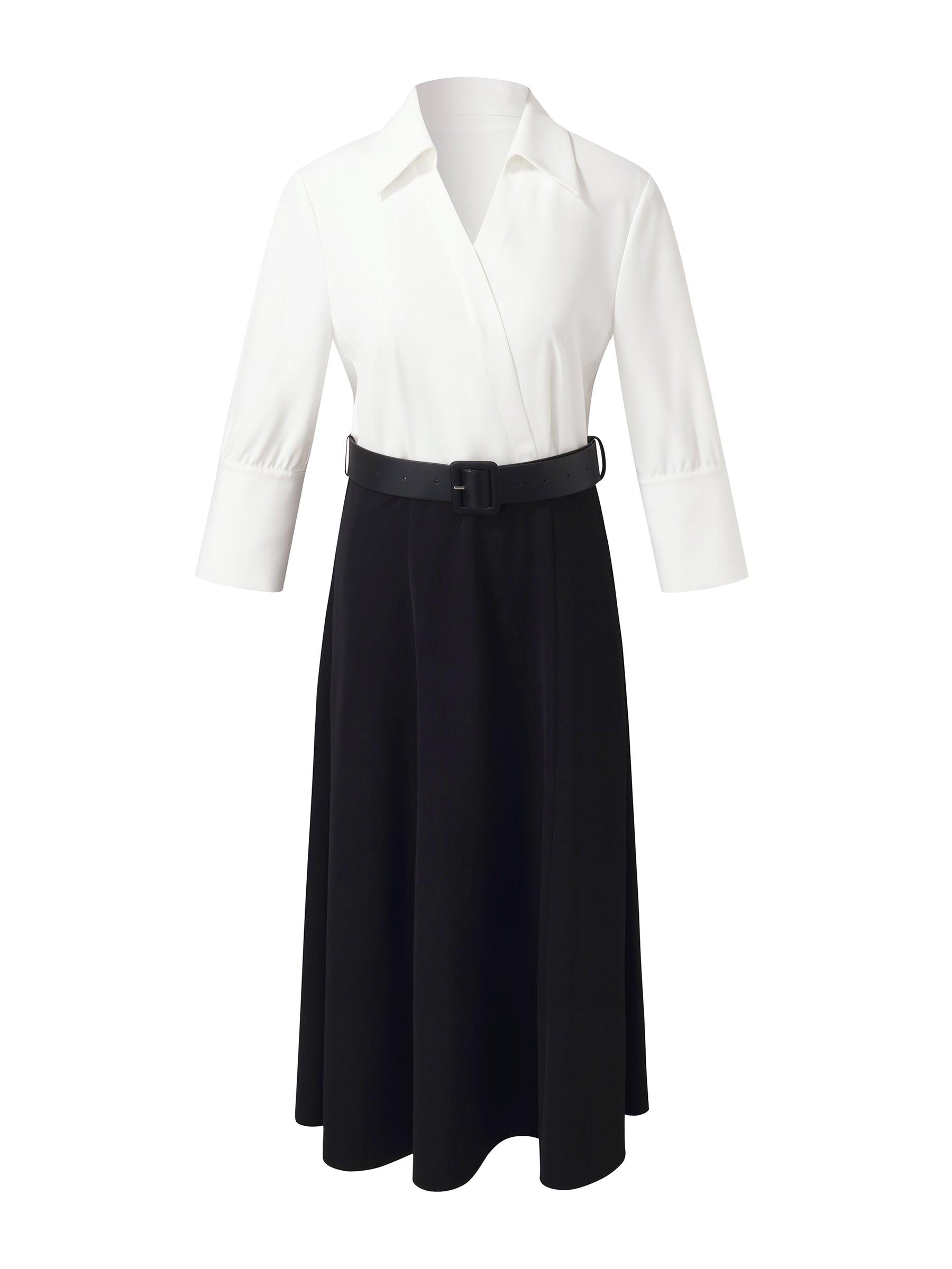 Faux Two-Piece Color Block Women Midi Dress With Leather Belt Product Image