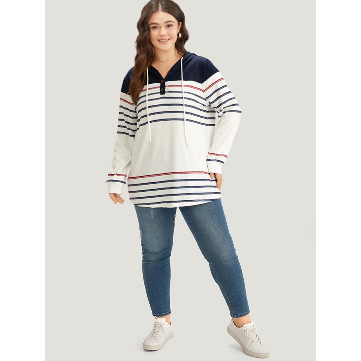 Plus Size Striped Contrast Patchwork Drawstring Button Up Hooded Sweatshirt Women Multicolor Casual Elastic cuffs Hooded Dailywear Sweatshirts BloomChic 10/M Product Image
