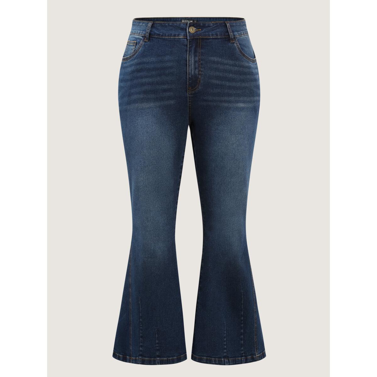 Plus Size Mid-Rise Flare Hem Jeans Women Denimindigo Timeless Topstitching Medium stretch Slanted pocket Jeans BloomChic 10/M Product Image