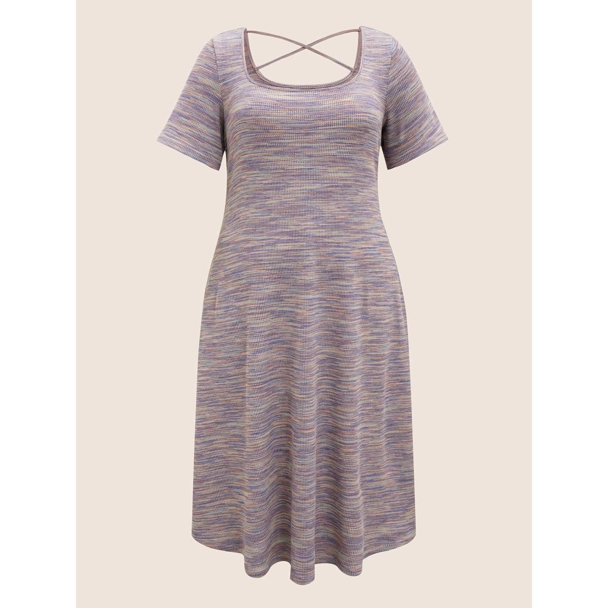 Plus Size Textured Waffle Knit Crisscross Split Side Dress Mauve Women Casual Texture Square Neck Short sleeve Curvy BloomChic 28/5X Product Image