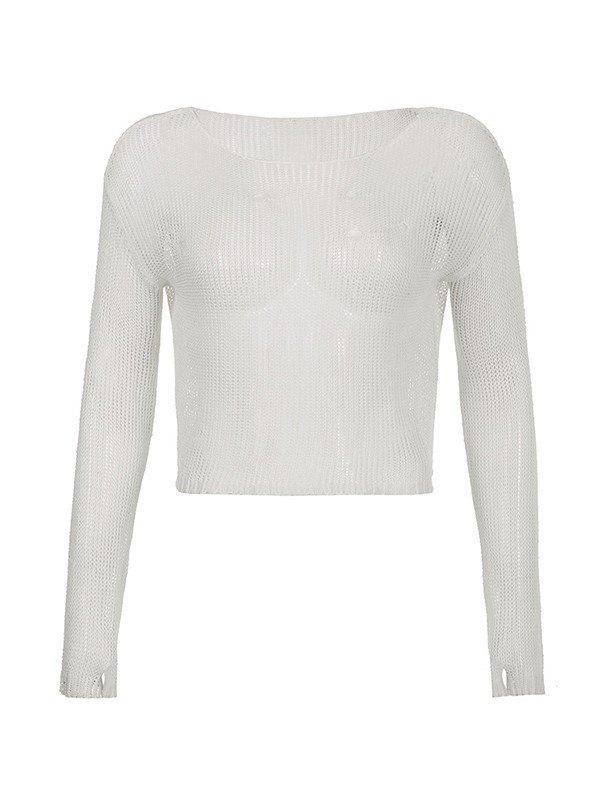 Distressed Crochet Knit Long Sleeve Crop Top Product Image
