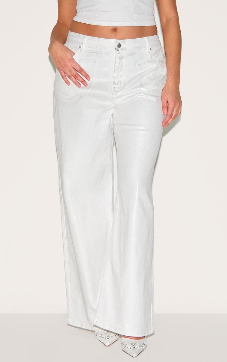 Plus White Silver Foil Effect Wide Leg Jeans Product Image
