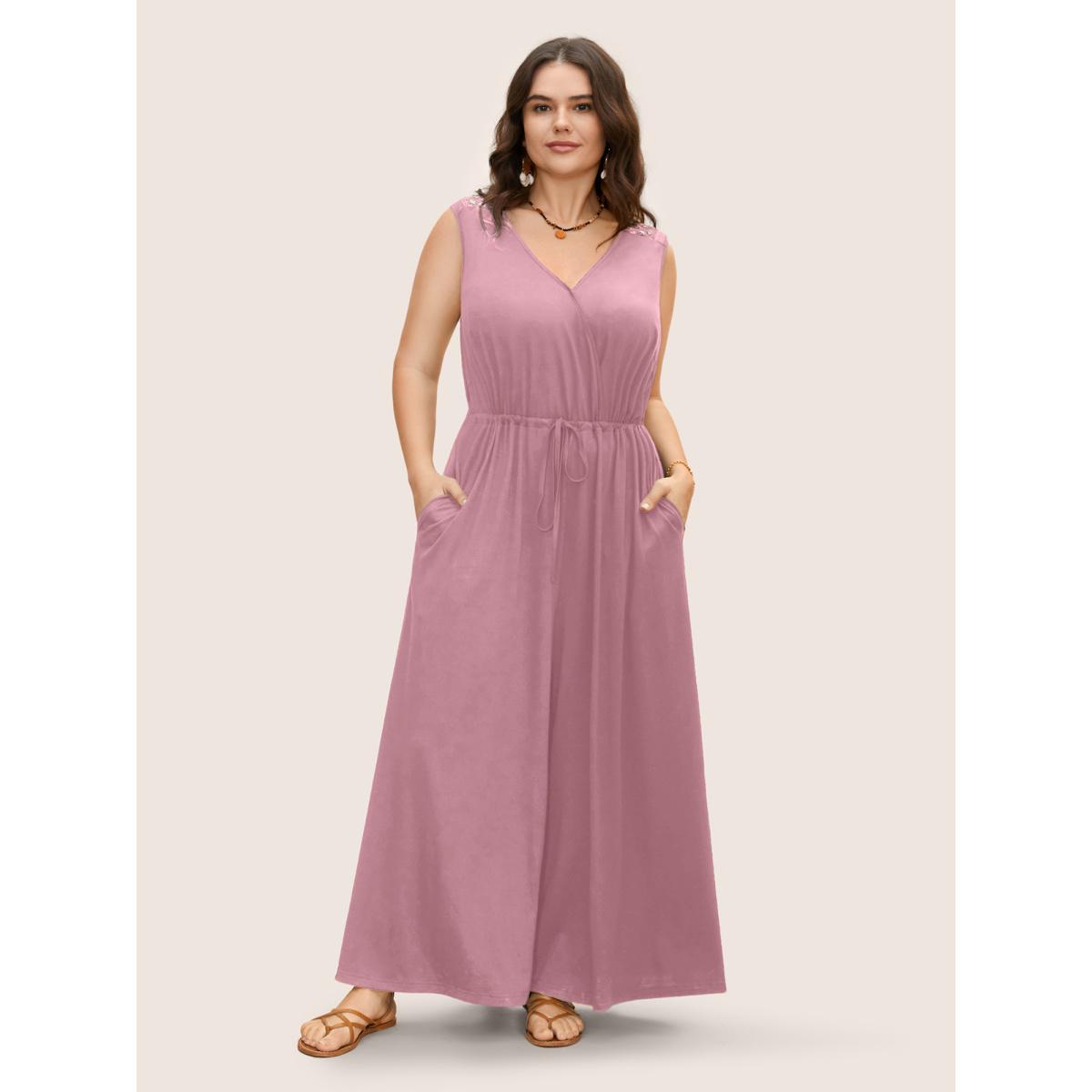 Plus Size DustyPink V Neck Crocheted Cut Out Jumpsuit Women Resort Sleeveless V-neck Vacation Loose Jumpsuits BloomChic 18-20/2X Product Image