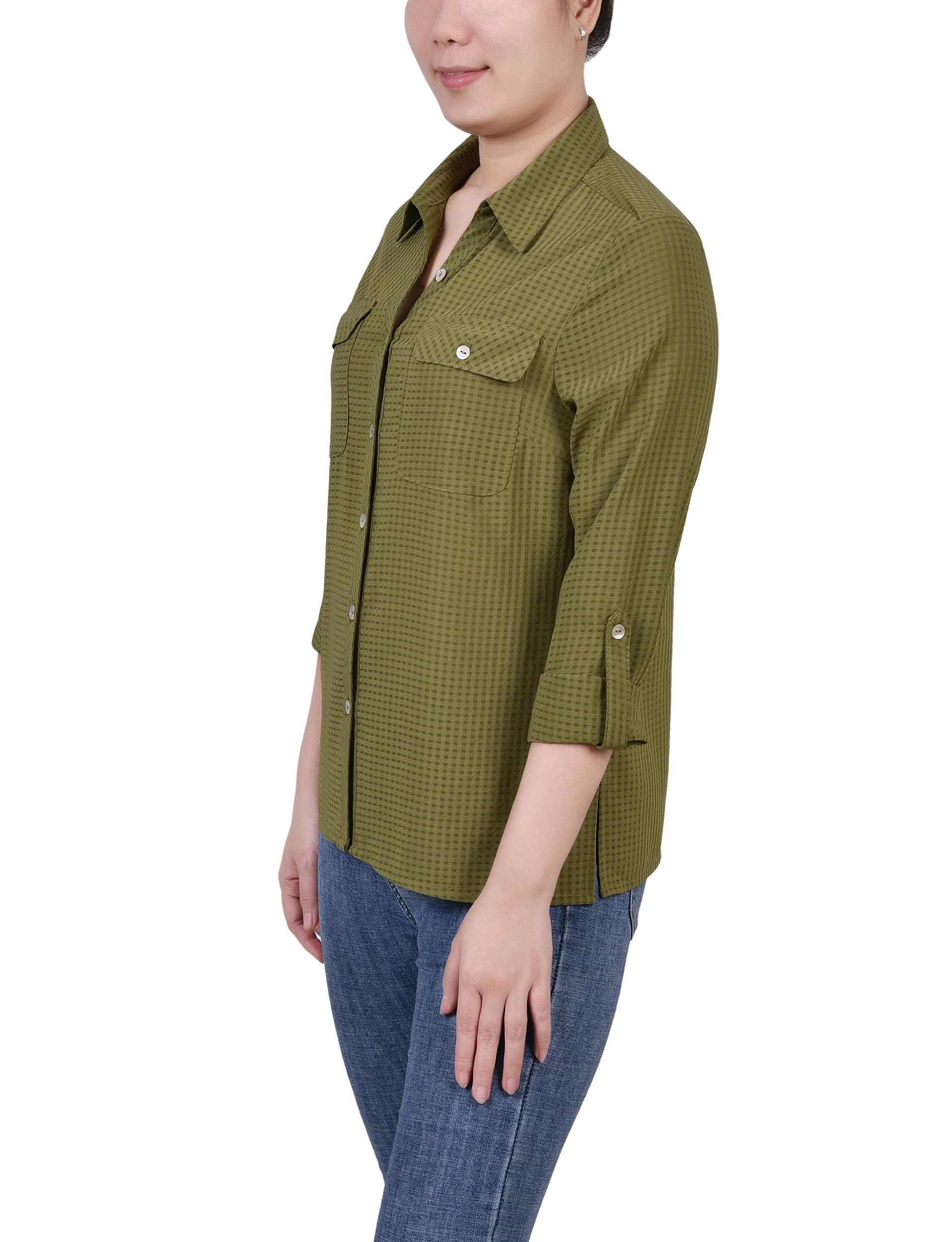 Olive 3/4 Sleeve Windowpane Blouse Product Image