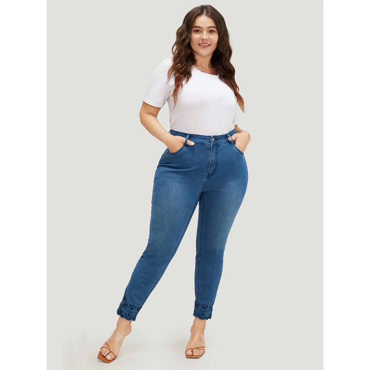 Plus Size Very Stretchy High Rise Medium Wash Embroidered Scalloped Hem Jeans Women Blue Casual Plain Embroidered High stretch Pocket Jeans BloomChic 12/L Product Image