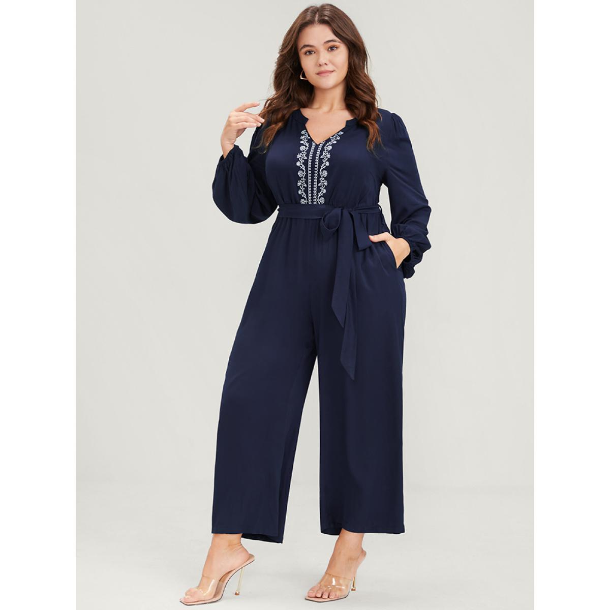 Plus Size DarkBlue Solid V Neck Lantern Sleeve Embroidered Pocket Ties Jumpsuit Women Elegant Long Sleeve V-neck Dailywear Loose Jumpsuits BloomChic 10/M Product Image
