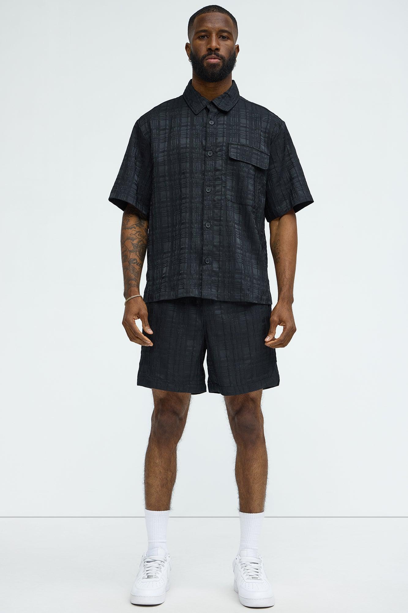 Plaid Crinkle Closed Collar Shirt - Black Product Image