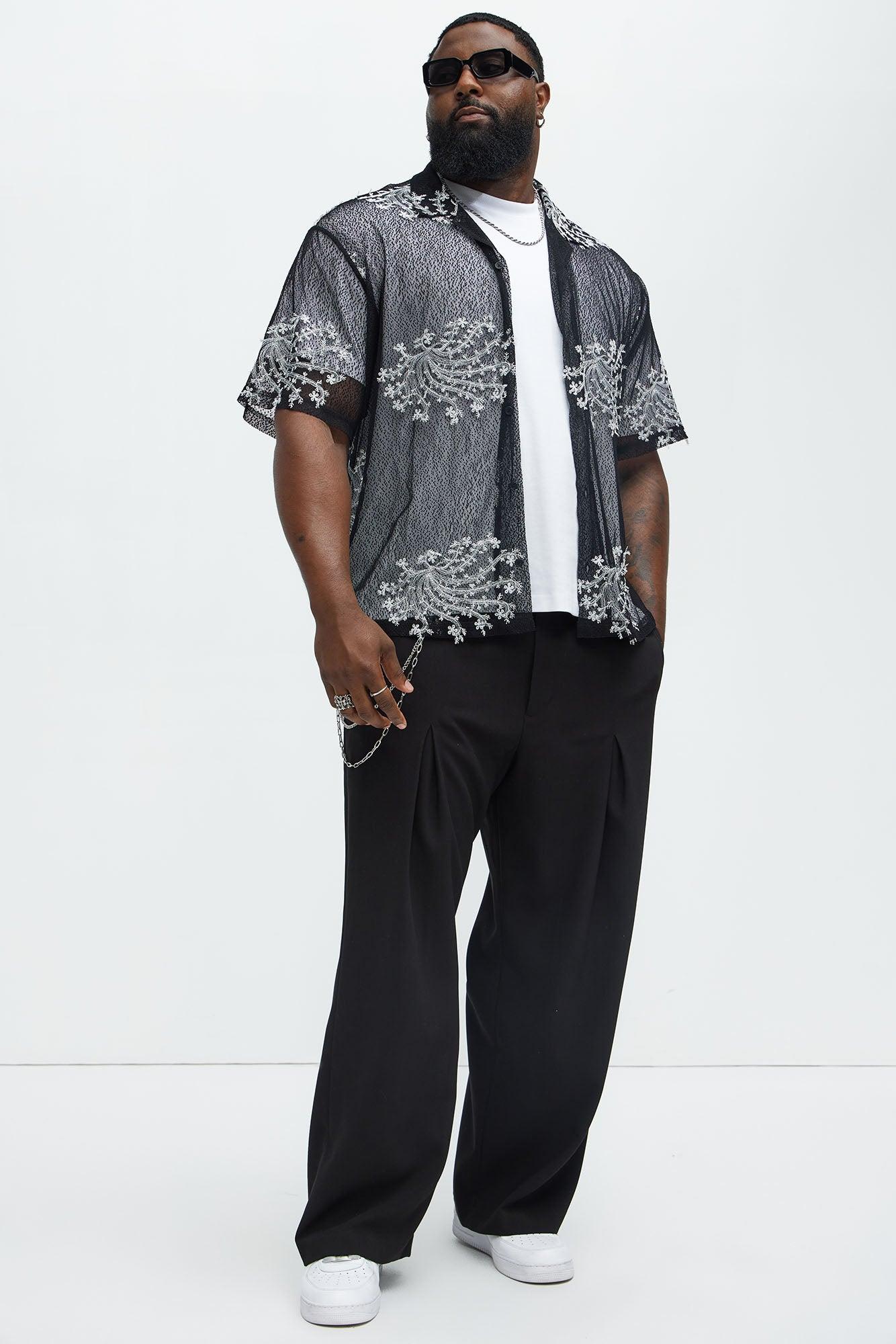 Plant Embroidered Cuban Mesh Shirt - Black Product Image