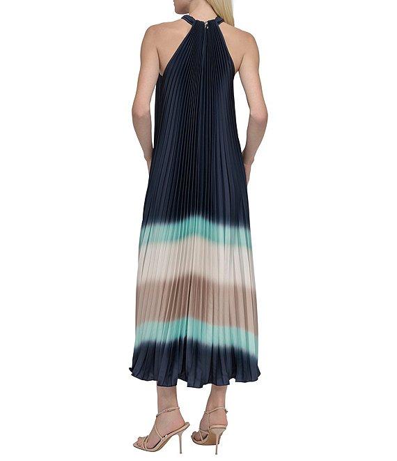 DKNY by Donna Karan Pleated Charmeuse Ombre Print Halter Neck Sleeveless Sheath Midi Dress Product Image