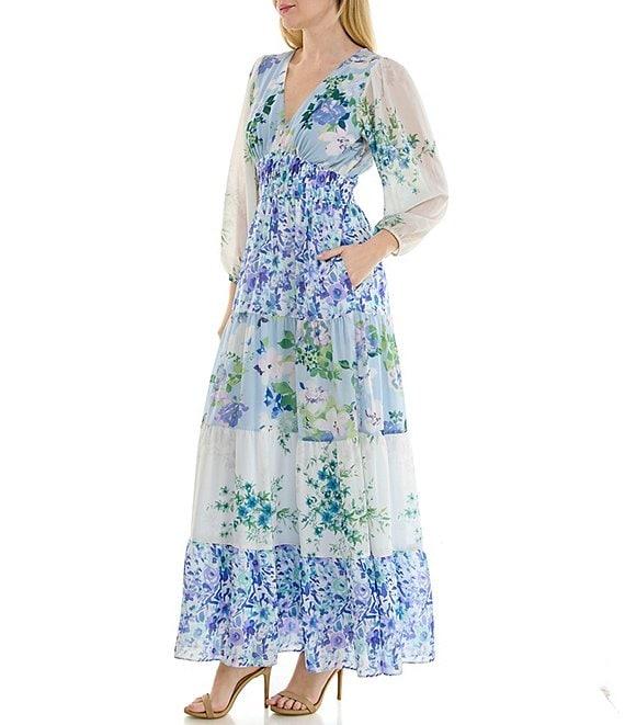 Moda Tara Long Sleeve V-Neck Floral Tiered Crepe Chiffon Maxi Dress Product Image