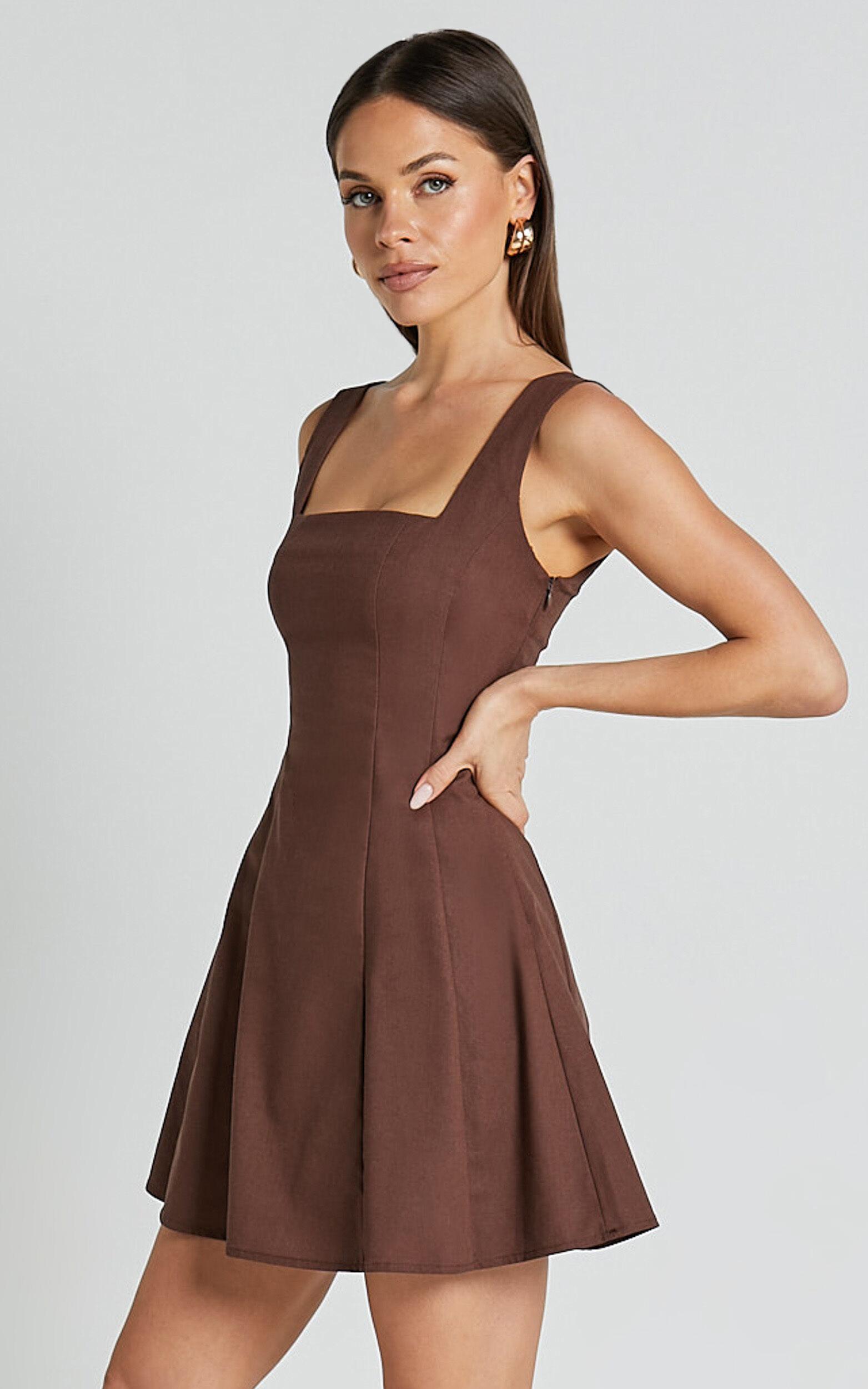 Adiana Mini Dress - Linen Square Neck Shirred Back A Line Dress in Chocolate Product Image