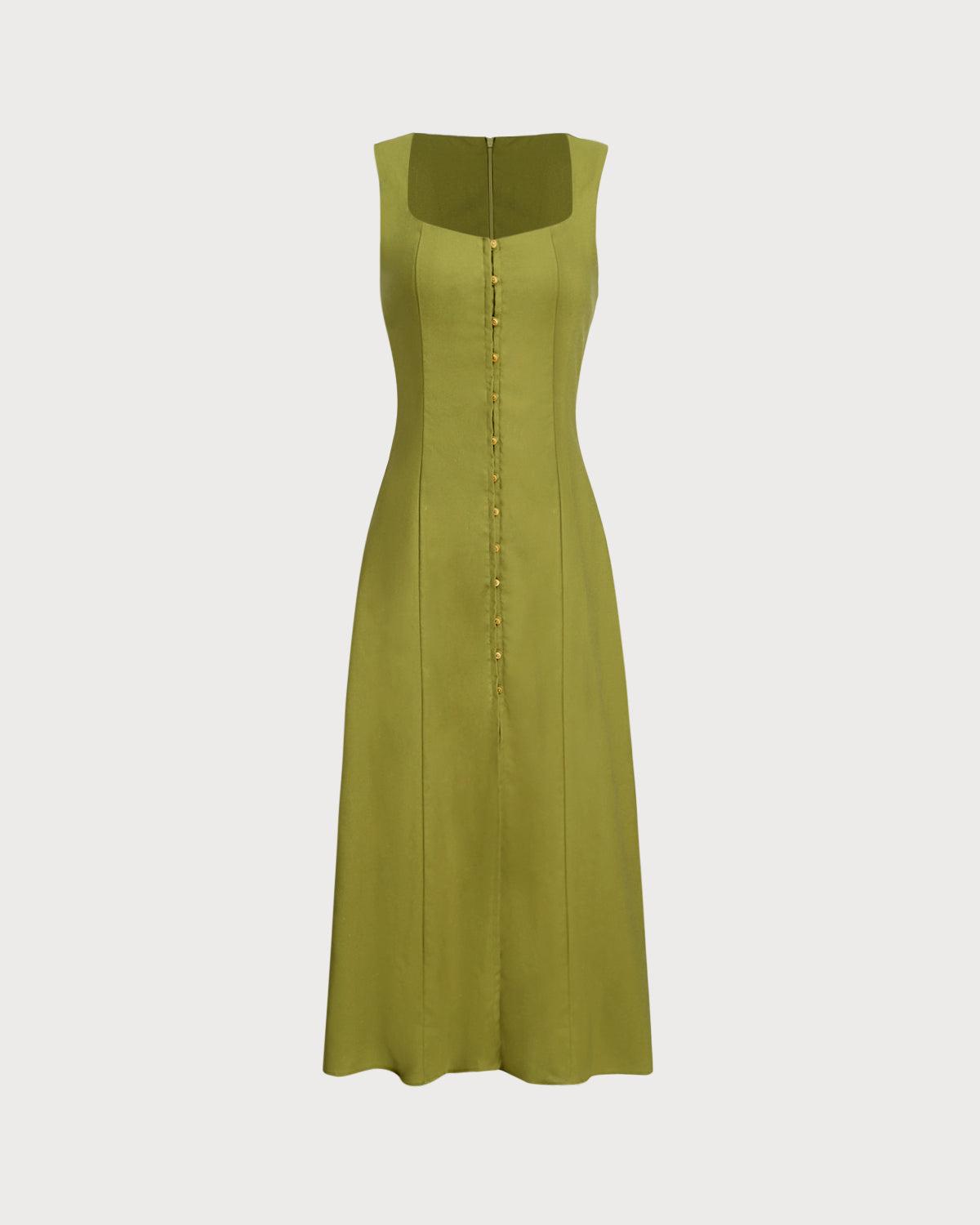 Green Square Neck Button Sleeveless Midi Dress Product Image