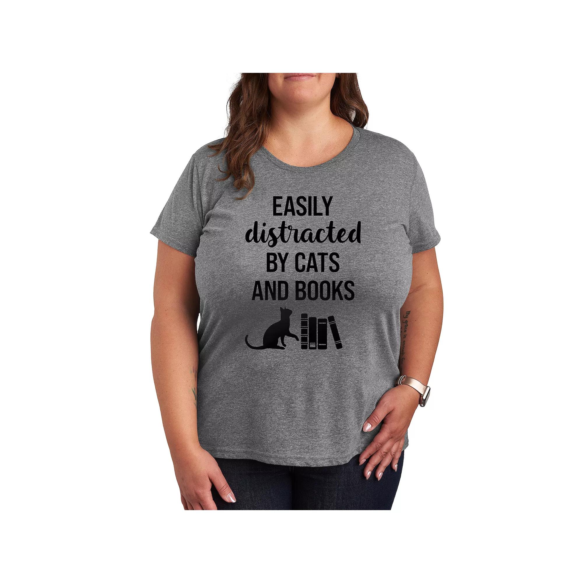 Women's Easily Distracted Cats Books Graphic Tee, Girl's,  Product Image