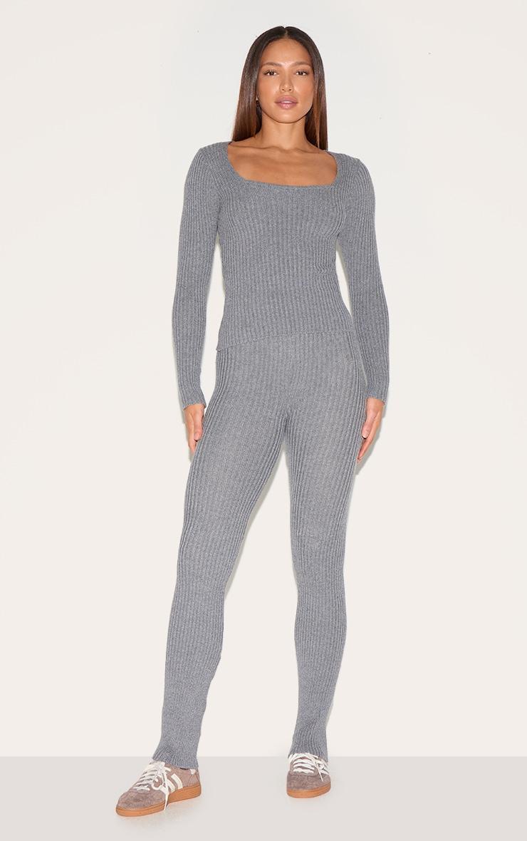 Tall Charcoal Rib Knit Square Neck Long Sleeve Top Product Image