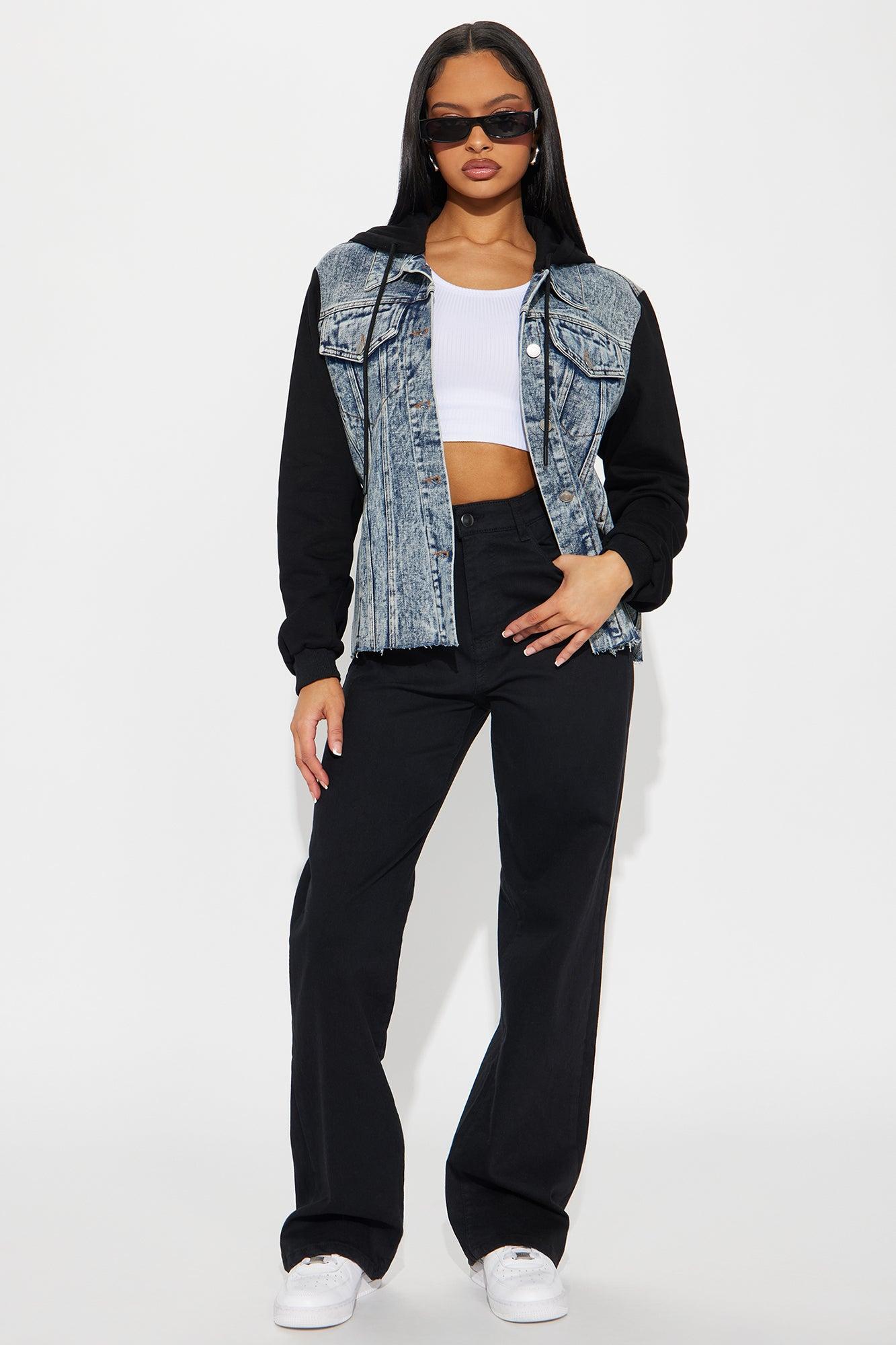 Out Loud Hooded Mix Media Denim Jacket - Dark Wash Product Image