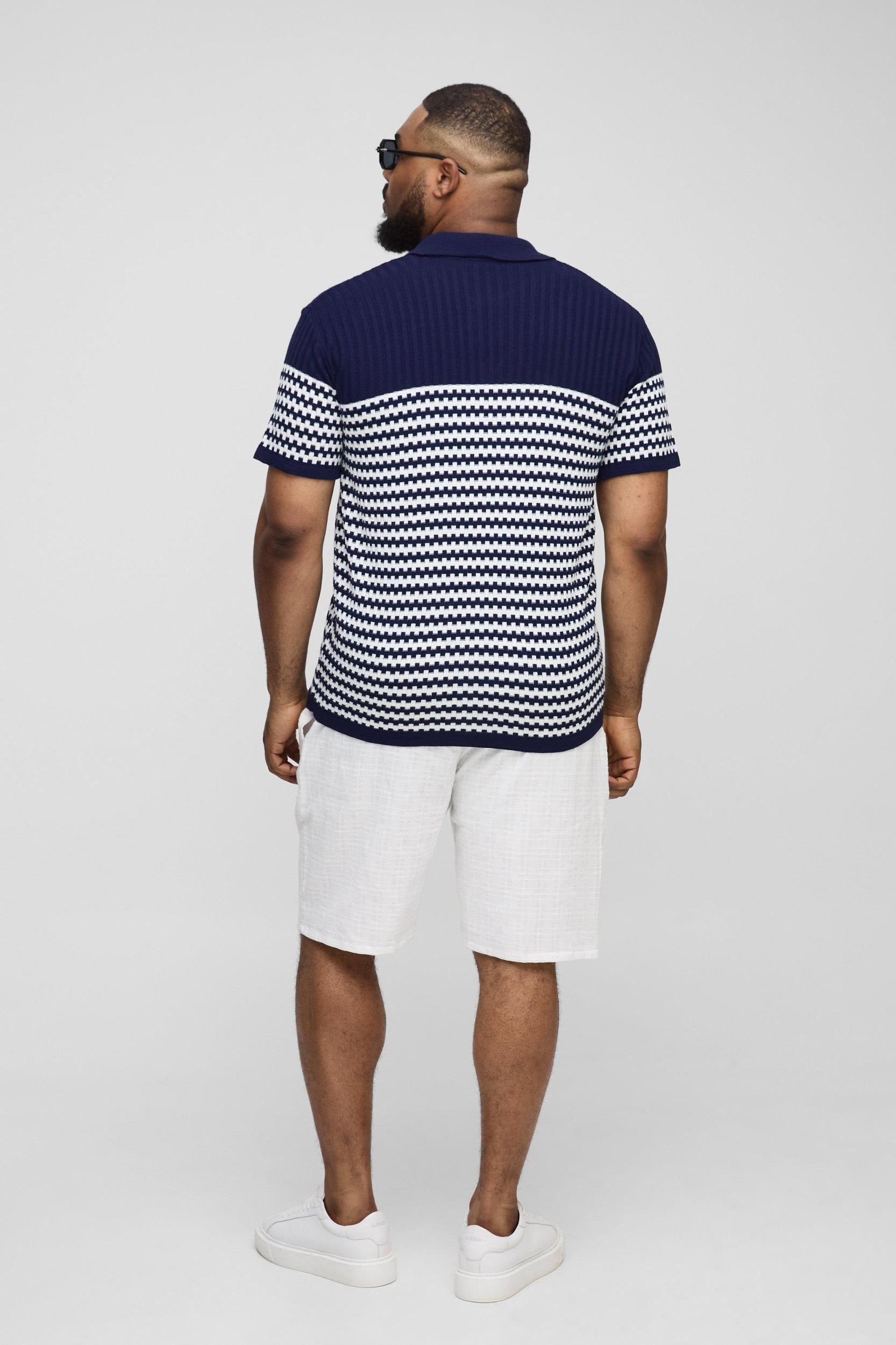 Plus Oversized Boxy V Neck Striped Knitted Polo | boohooMAN USA Product Image