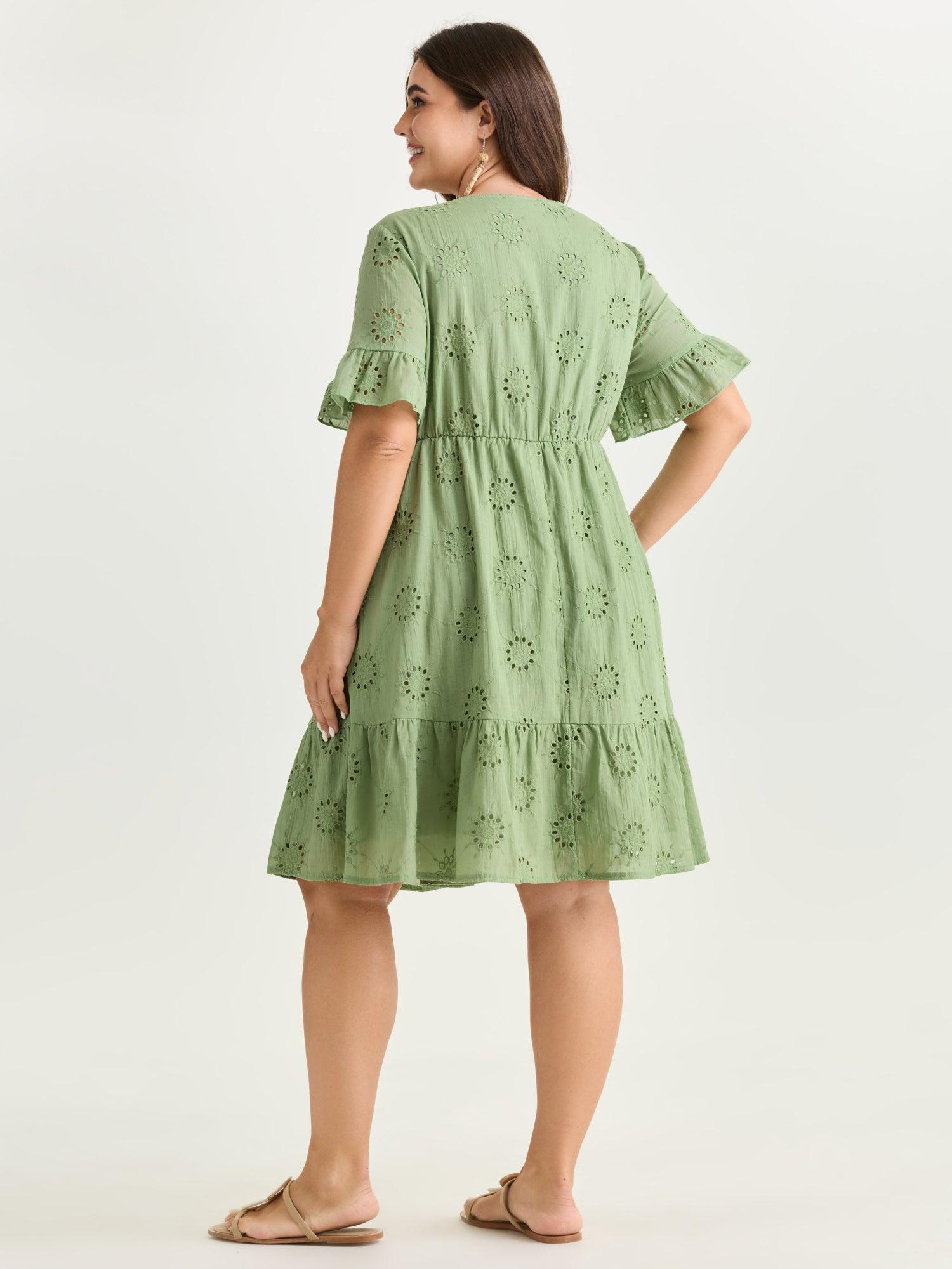 Eyelet Embroidered Ruffled Sleeve Mini Dress Female Product Image