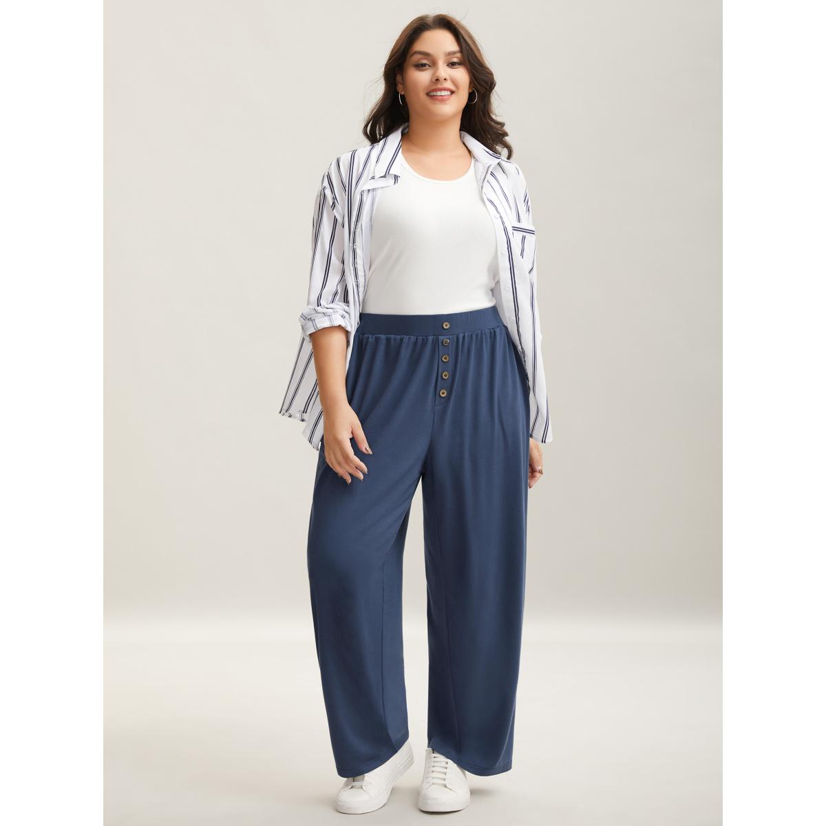 Plus Size Button Front Pleated Comfy Fit Pants Women Indigo Casual Wide Leg Mid Rise Everyday Pants BloomChic 28/5X Product Image