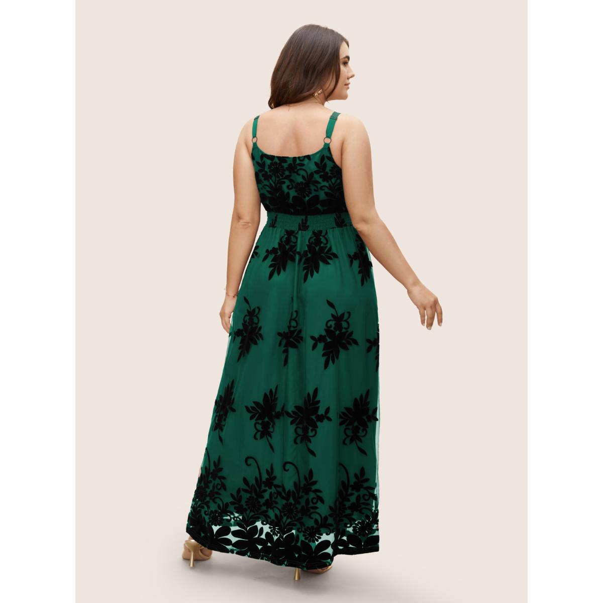 Plus Size Floral Flocked Tulle Split Hem Dress DarkGreen Women Formal Texture V-neck Sleeveless Curvy BloomChic 12/L Product Image