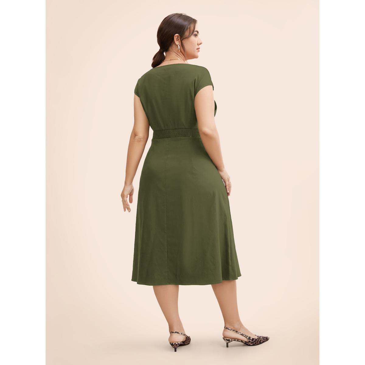 Plus Size Stretch Woven Cowl Neckline Midi Dress Black Women Workwear Essentials Pleated Boat Neck Cap Sleeve Curvy BloomChic 10/M Product Image