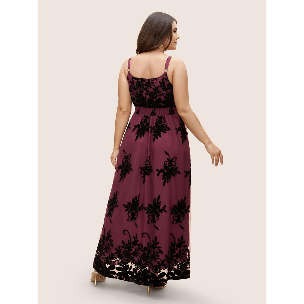 Plus Size Floral Flocked Tulle Split Hem Dress Burgundy Women Formal Texture V-neck Sleeveless Curvy BloomChic 26/4X Product Image