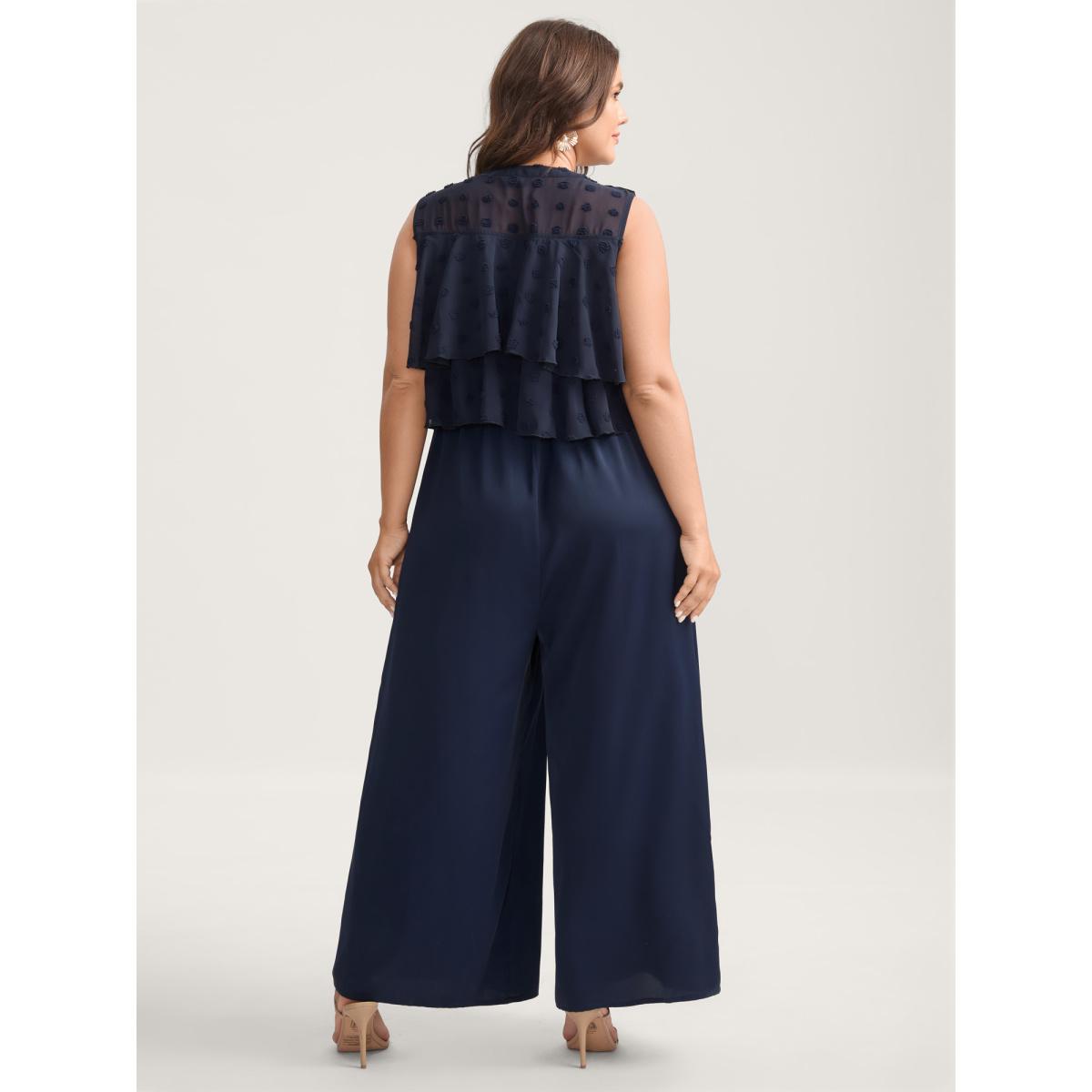 Plus Size Indigo Polka Dots Adjustable Shoulder Sheer Jumpsuit Women Sleeveless Ribbon-tied collar Everyday-Elegant Loose Jumpsuits BloomChic 18-20/2X Product Image