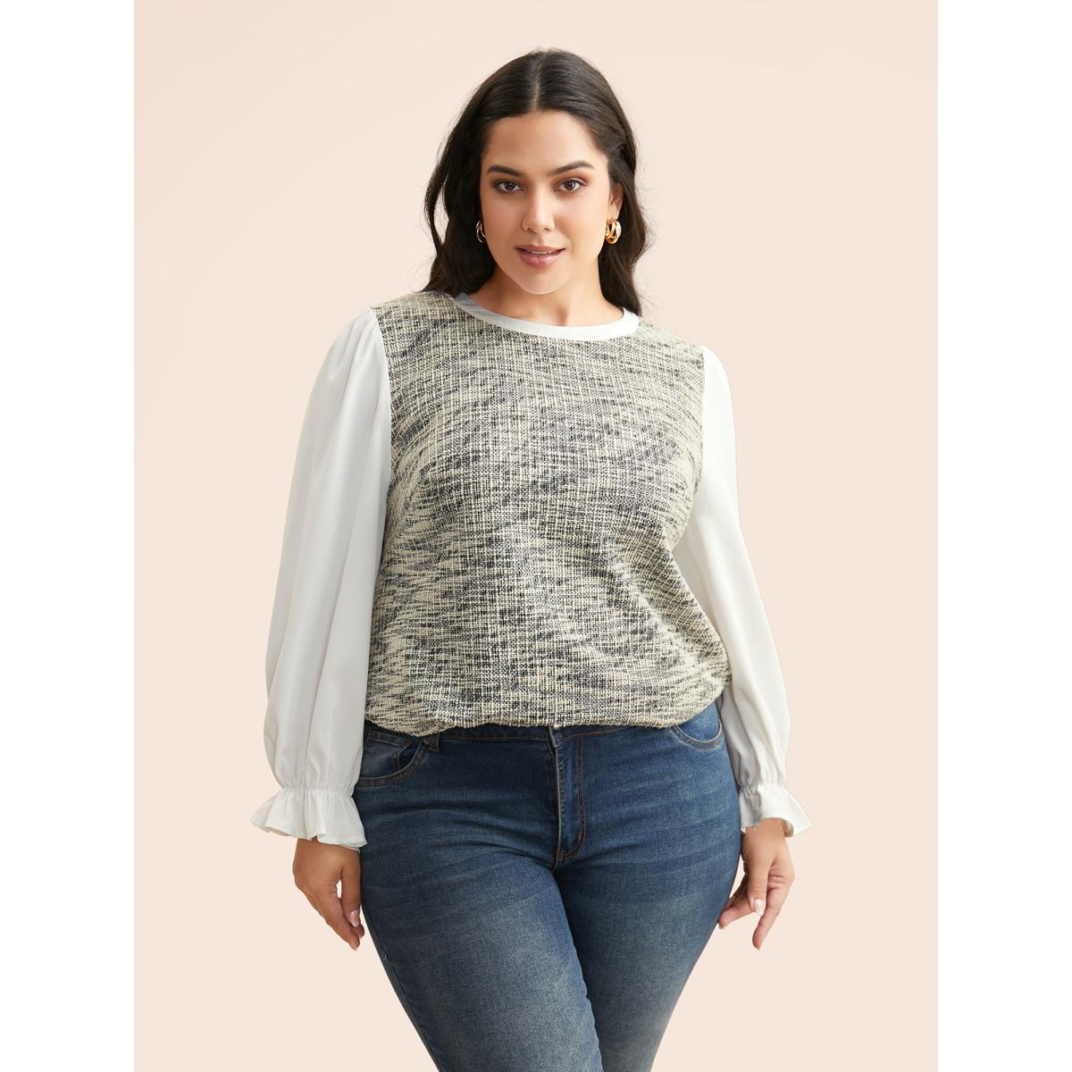 Plus Size Originalwhite Tweed Patchwork Gathered Lantern Sleeve Blouse Women Elegant Long Sleeve Round Neck Everyday Blouses BloomChic 14-16/1X Product Image