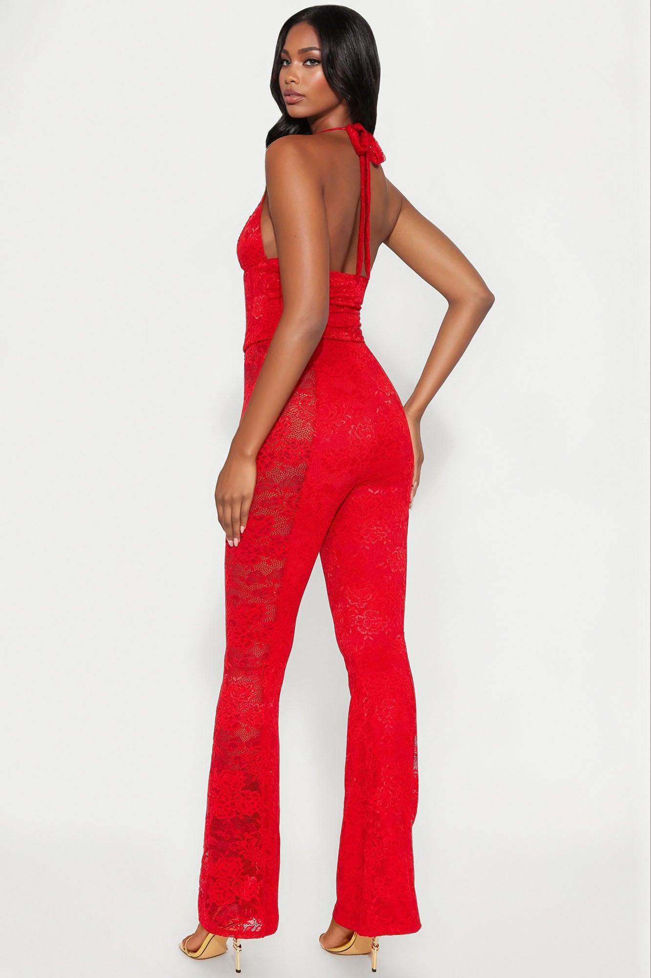 Analisa Lace Halter Jumpsuit - Red Female Product Image