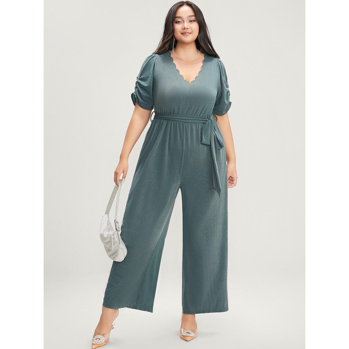 Plus Size Emerald Plain Scalloped Trim Ruched Glitter Pocket Belted Jumpsuit Women Elegant Short sleeve V-neck Party Loose Jumpsuits BloomChic 22-24/3X Product Image