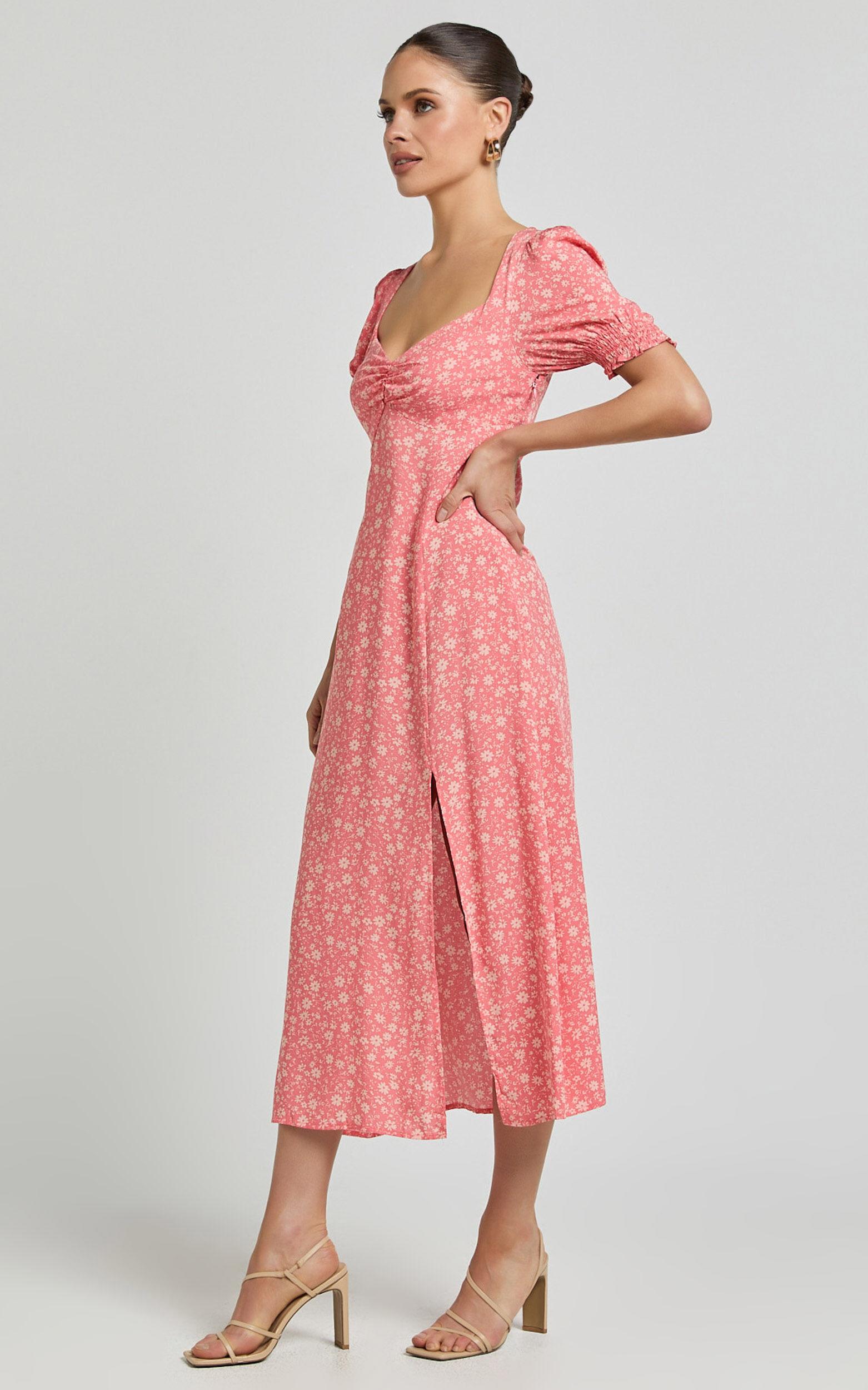 Marcel Midi Dress - Sweetheart Puff Sleeve Thigh Split Dress in Coral Product Image