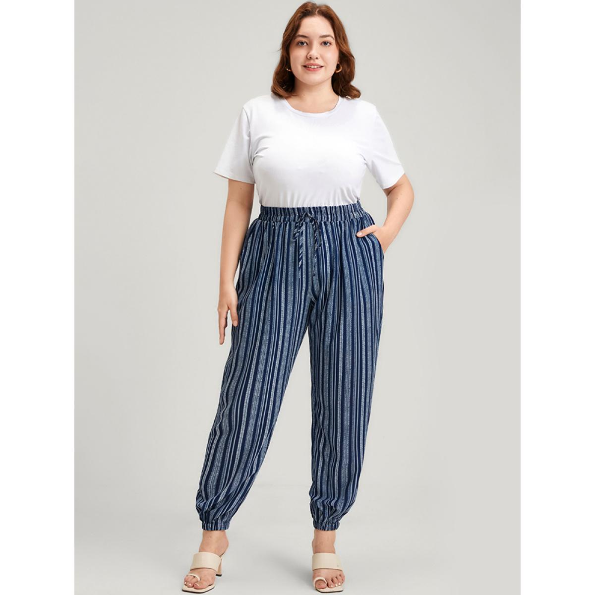 Plus Size Striped Elastic Waist Pocket Ties Pants Women DarkBlue Casual Mid Rise Dailywear Pants BloomChic 10/M Product Image