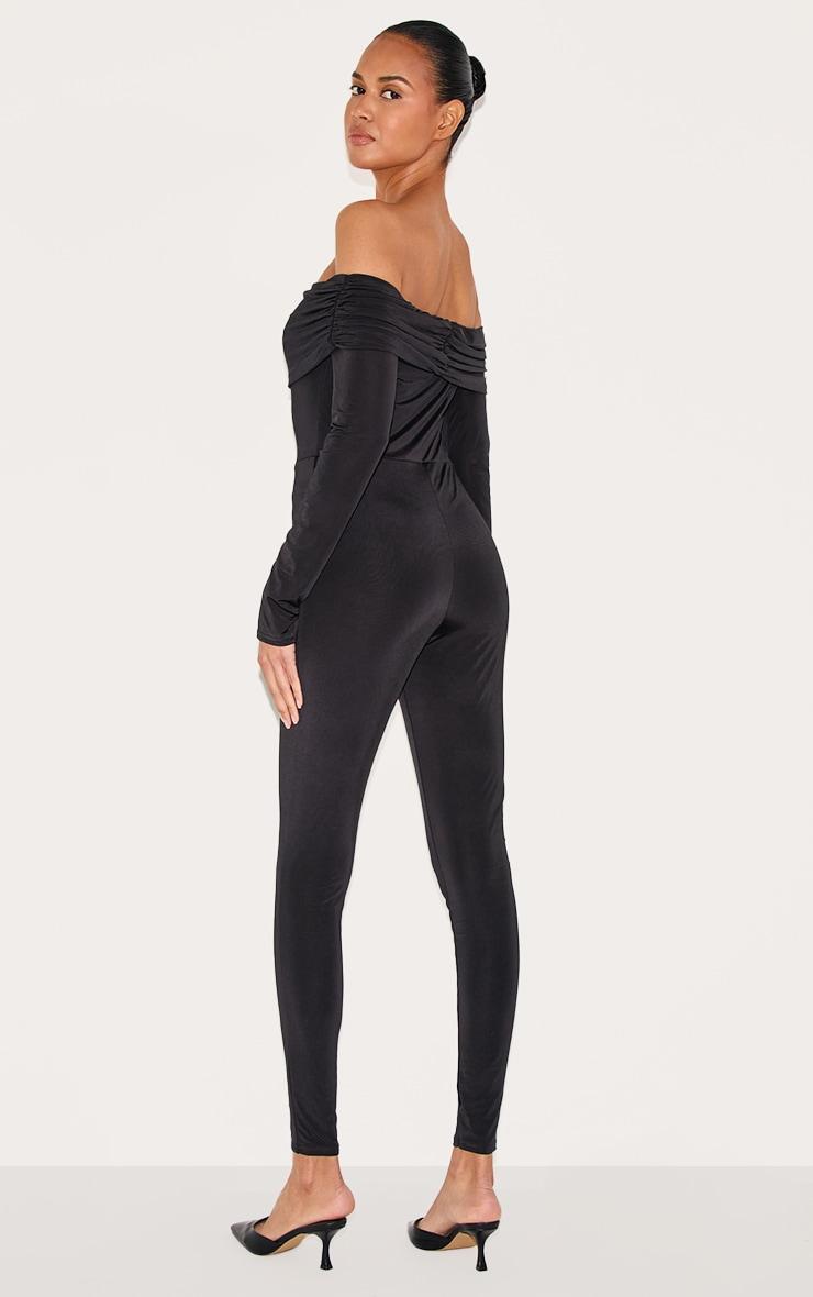 Black Double Layer Slinky Bardot Skinny Jumpsuit Product Image