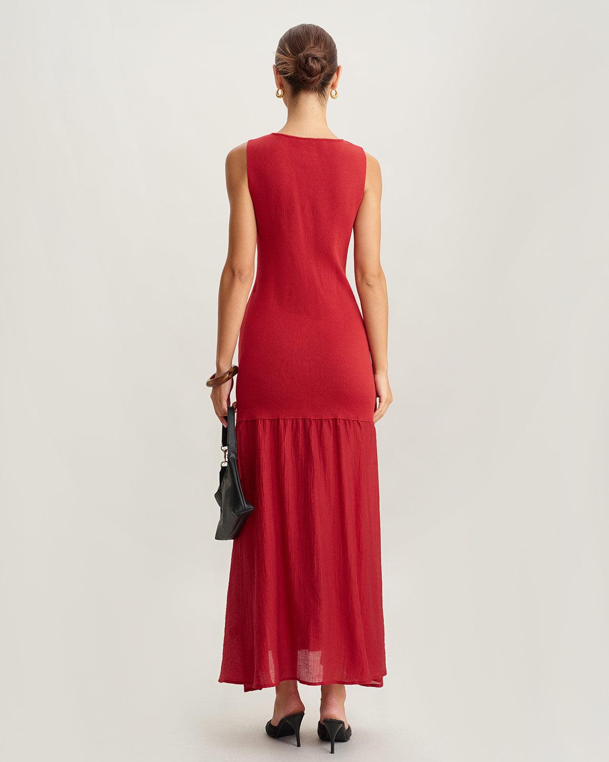 Red Ribbed Knit Sleeveless Maxi Dress Product Image