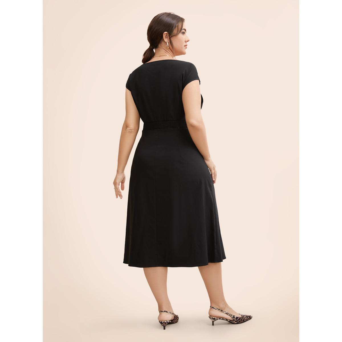 Plus Size Stretch Woven Cowl Neckline Midi Dress Black Women Workwear Essentials Pleated Boat Neck Cap Sleeve Curvy BloomChic 10/M Product Image