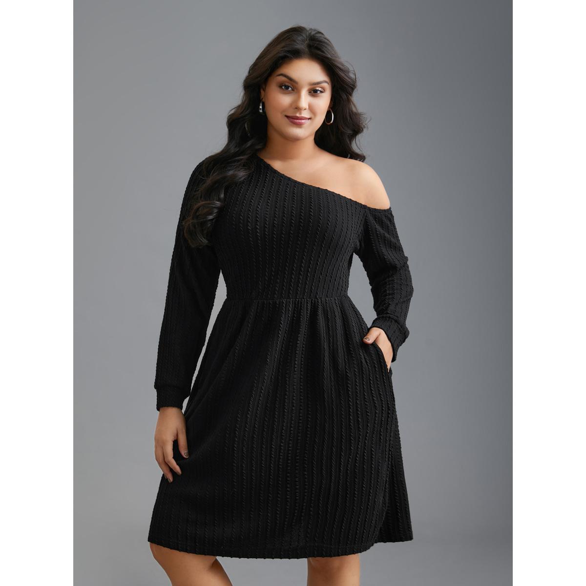 Plus Size One Shoulder Plain Textured Dress Black Women Casual Texture Knit Dresses Bloomchic 12/L Product Image