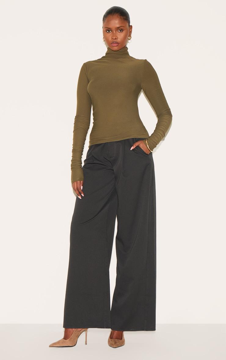 Khaki Soft Touch High Neck Ruched Sleeve Top Product Image