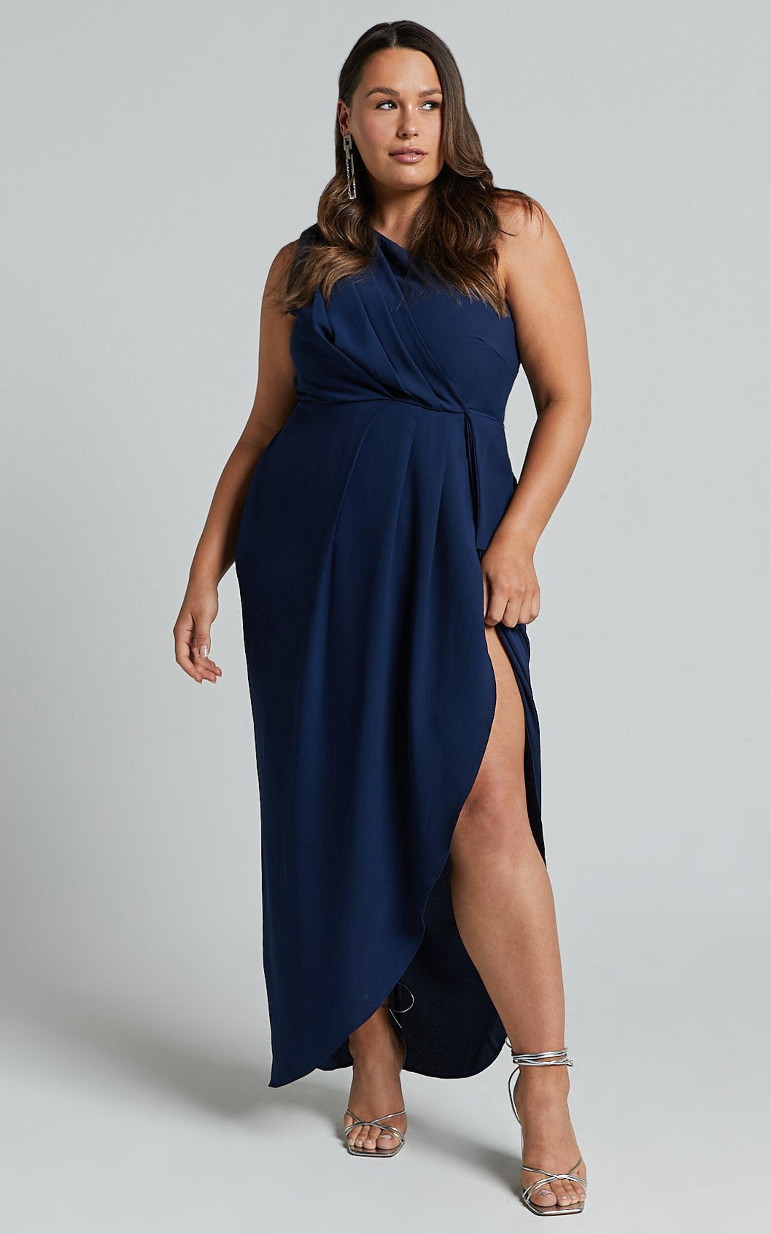 Namaari Midi Dress - Faux Wrap One Shoulder Dress in Navy Product Image