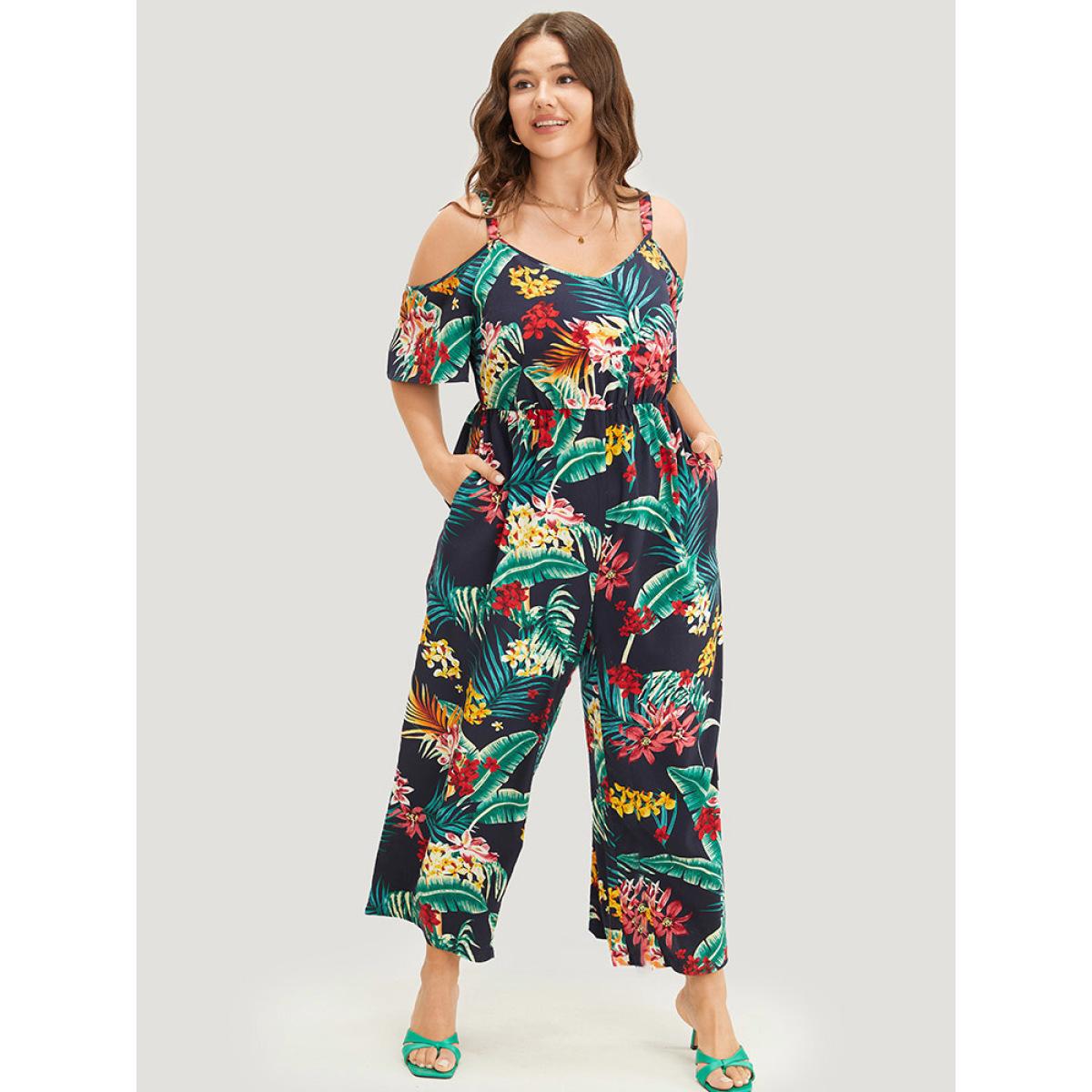 Plus Size Navy Tropical Print Pocket Cold Shoulder Jumpsuit Women Vacation Short sleeve Cold Shoulder Dailywear Loose Jumpsuits BloomChic 12/L Product Image